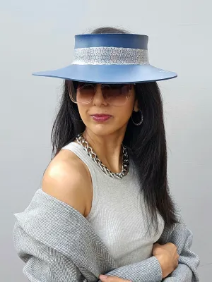 Navy Blue "LadyEVA" Visor Hat with Silver Geometric Band and Handpainted Floral Motif