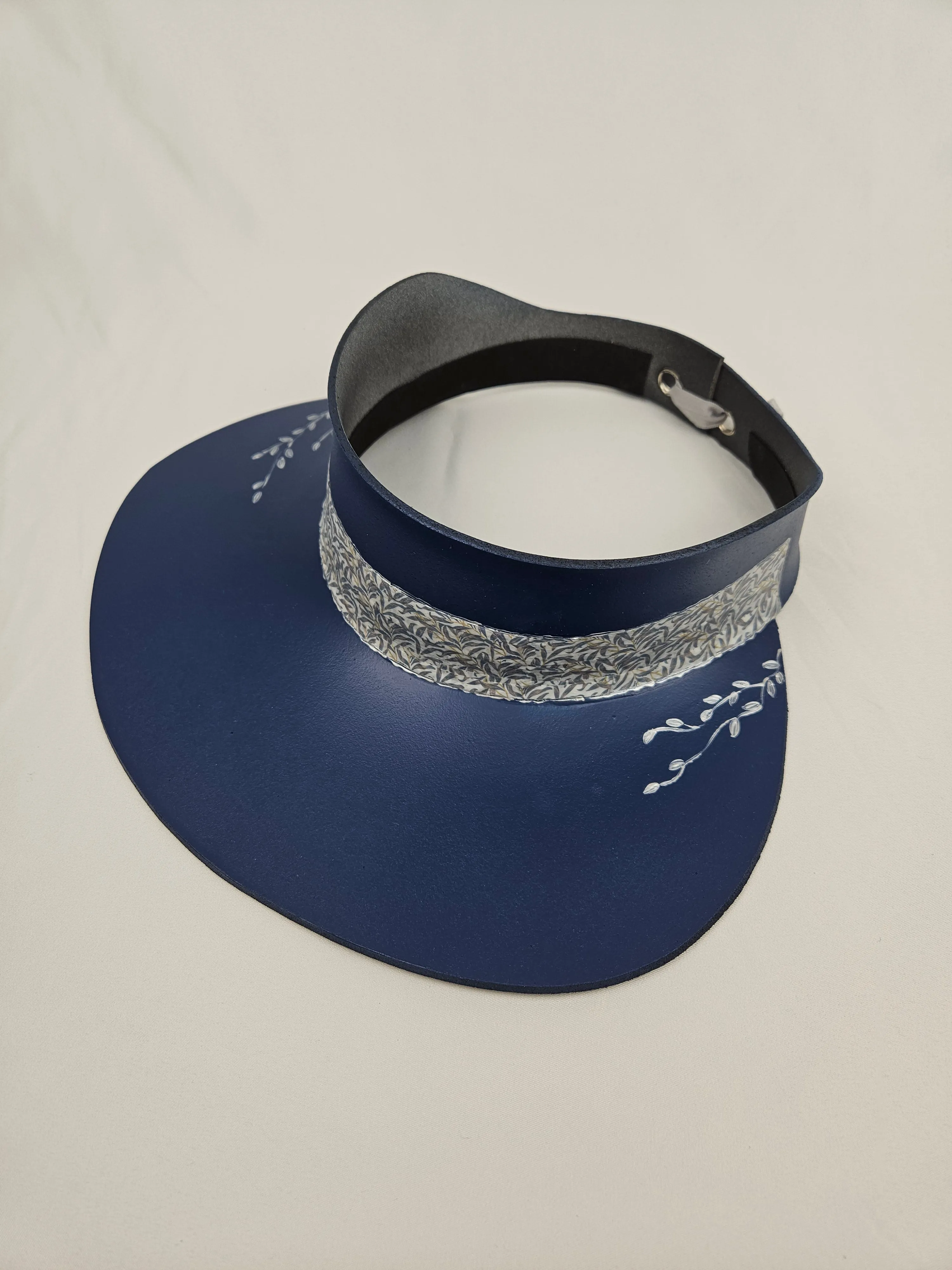 Navy Blue "LadyEVA" Visor Hat with Silver Leaf Patterned Band and Handpainted Floral Motif