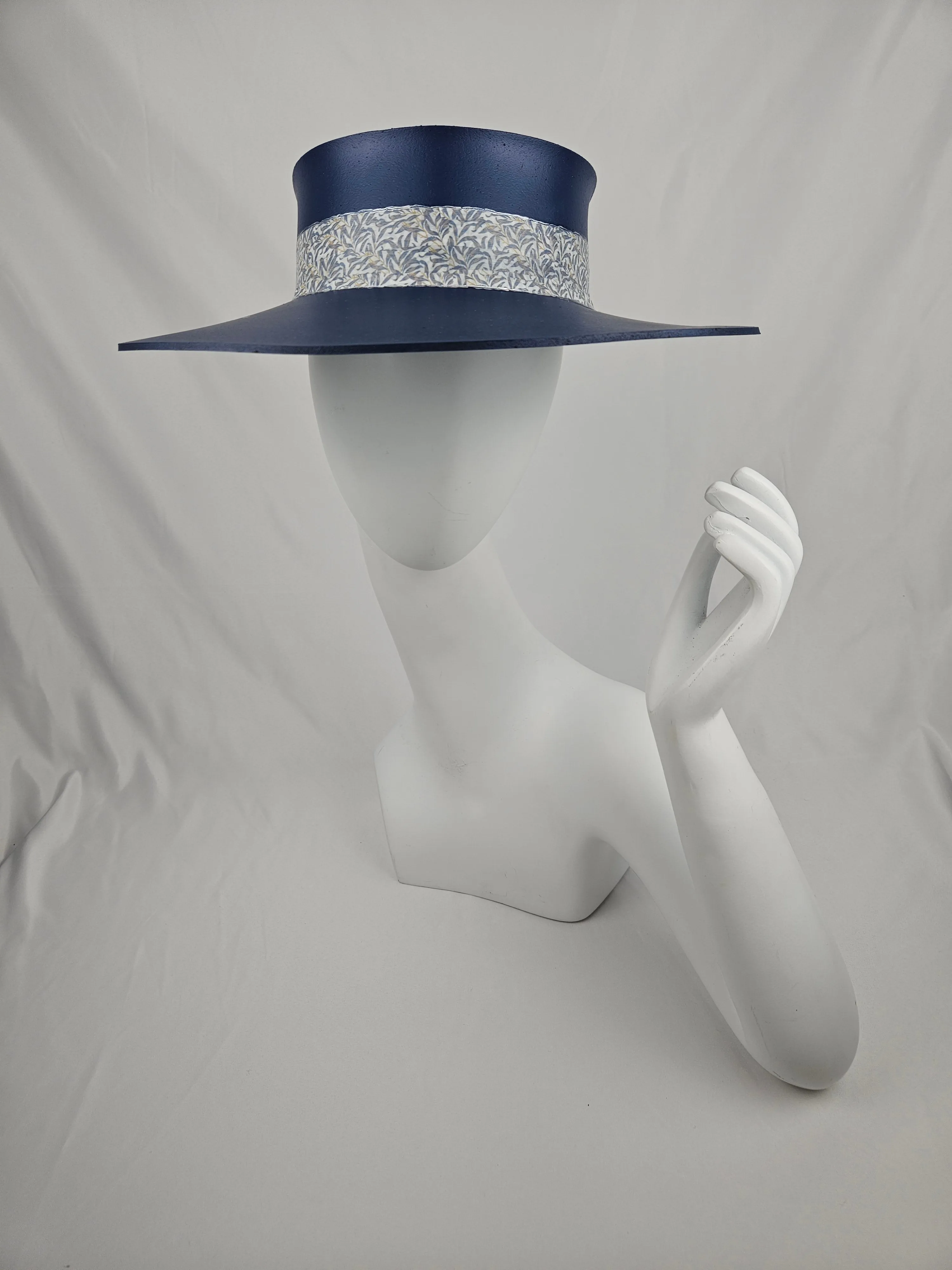 Navy Blue "LadyEVA" Visor Hat with Silver Leaf Patterned Band and Handpainted Floral Motif