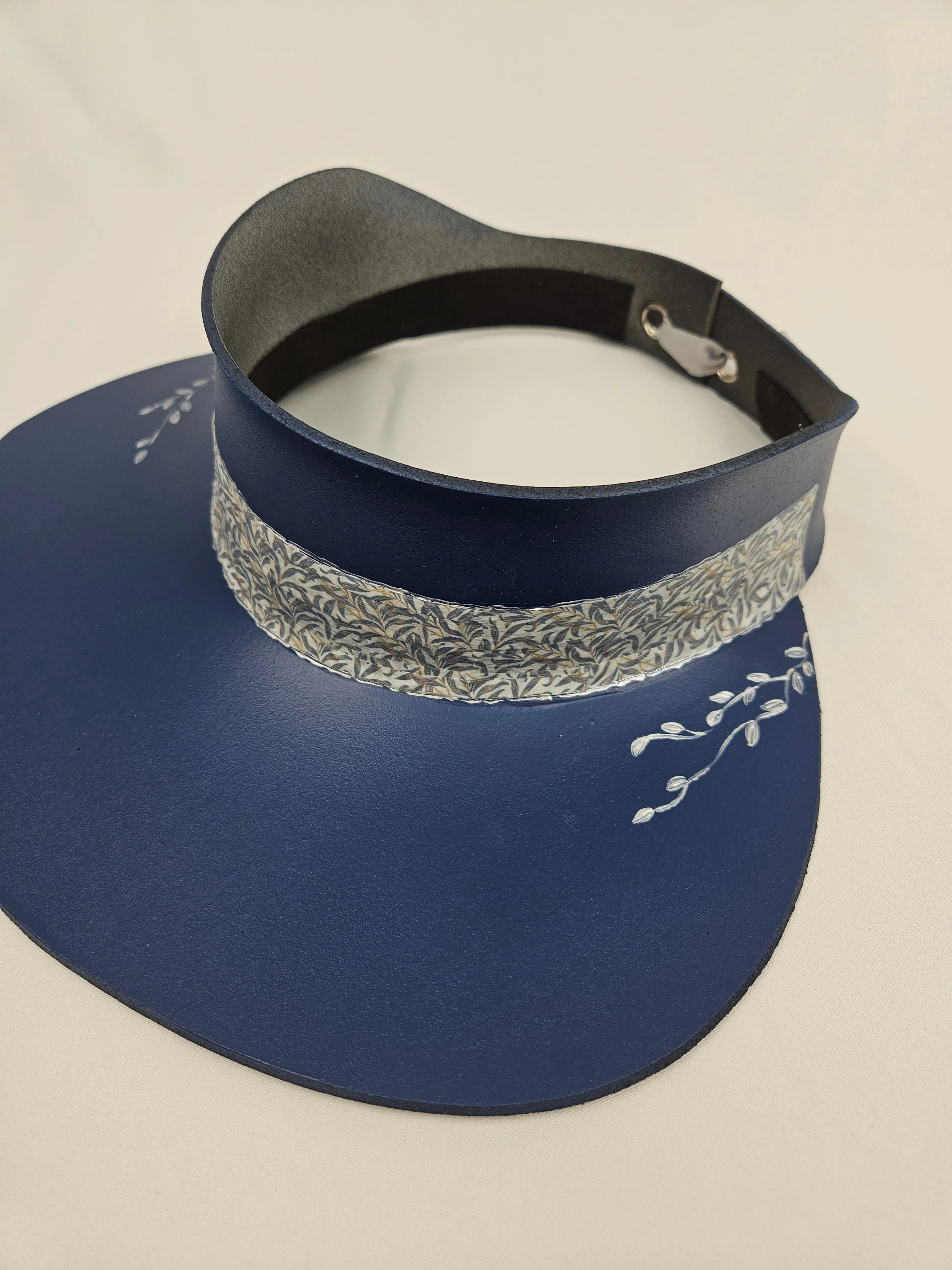 Navy Blue "LadyEVA" Visor Hat with Silver Leaf Patterned Band and Handpainted Floral Motif