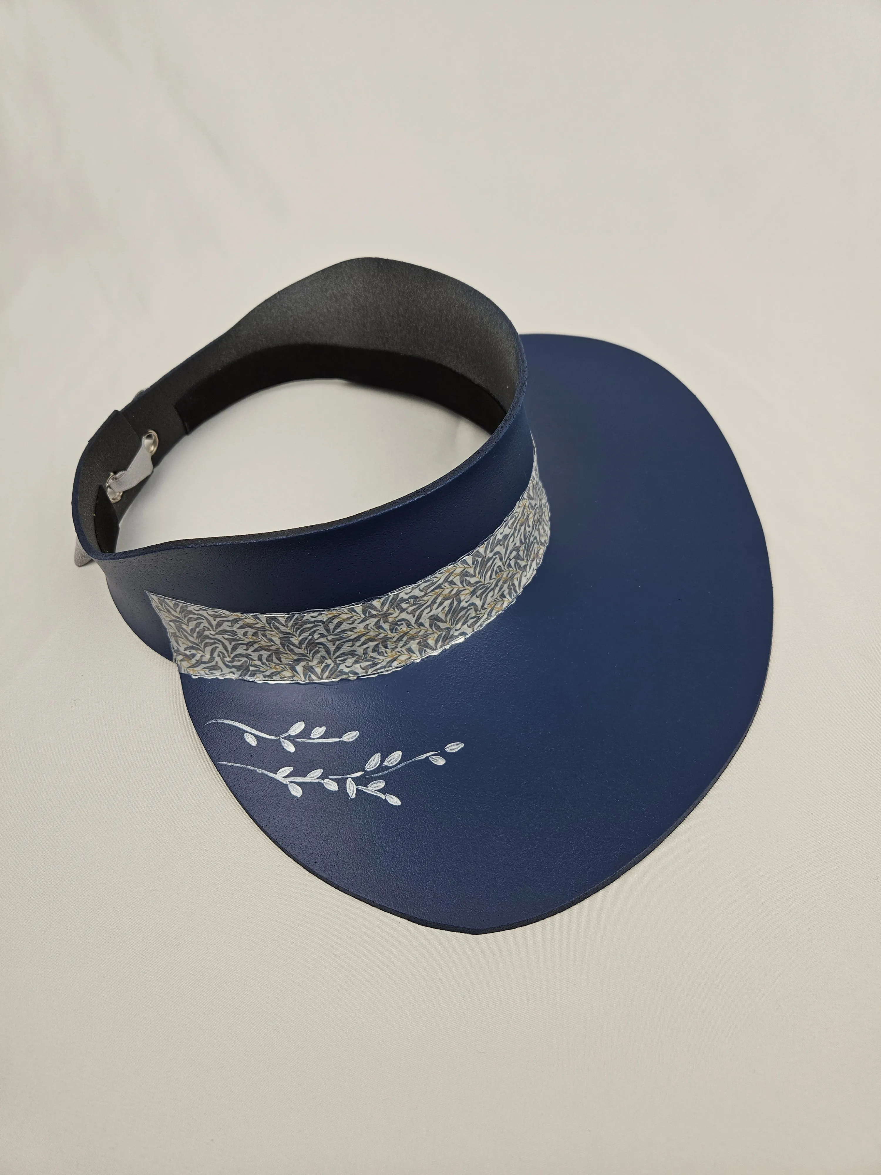 Navy Blue "LadyEVA" Visor Hat with Silver Leaf Patterned Band and Handpainted Floral Motif