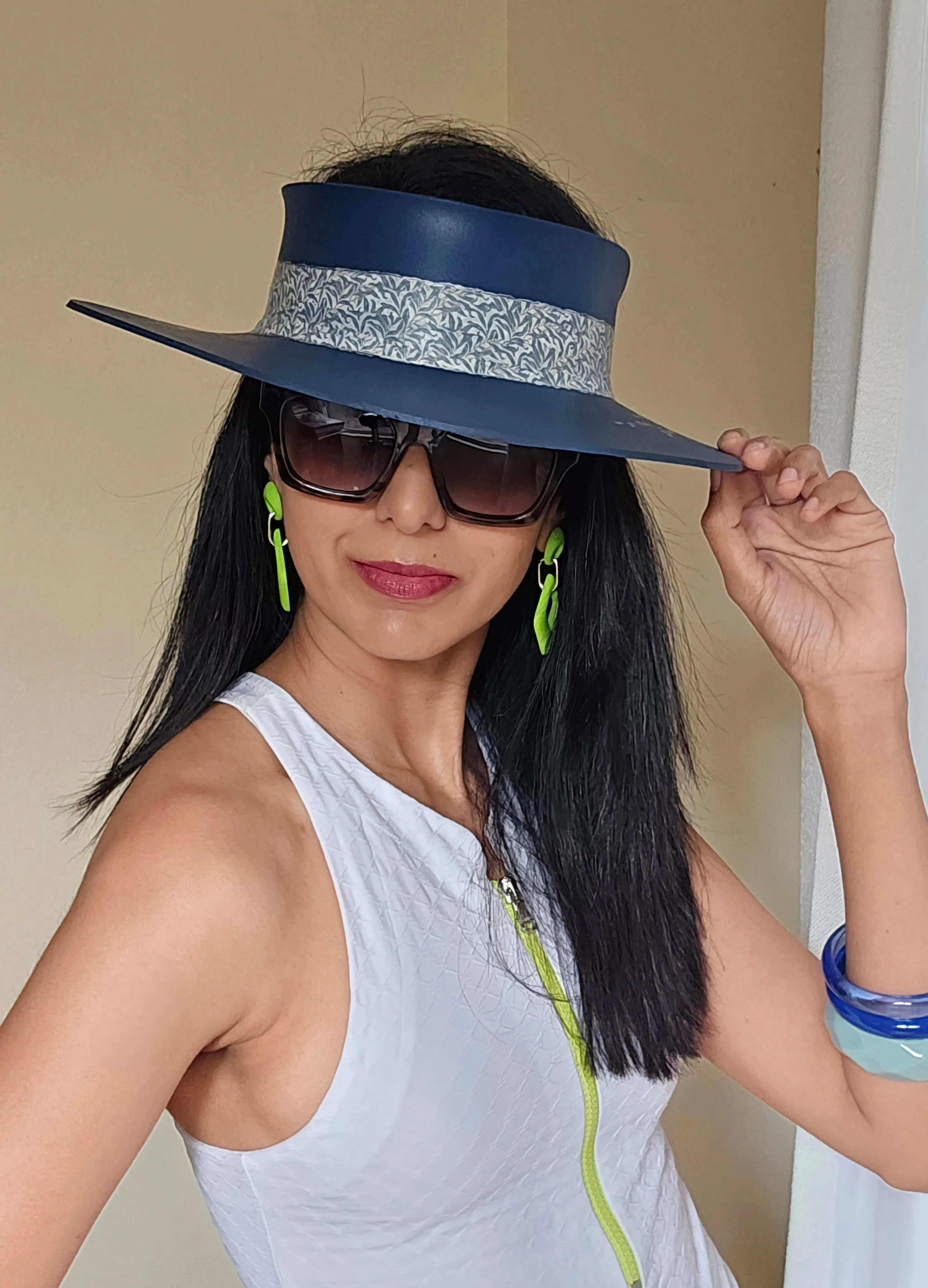 Navy Blue "LadyEVA" Visor Hat with Silver Leaf Patterned Band and Handpainted Floral Motif