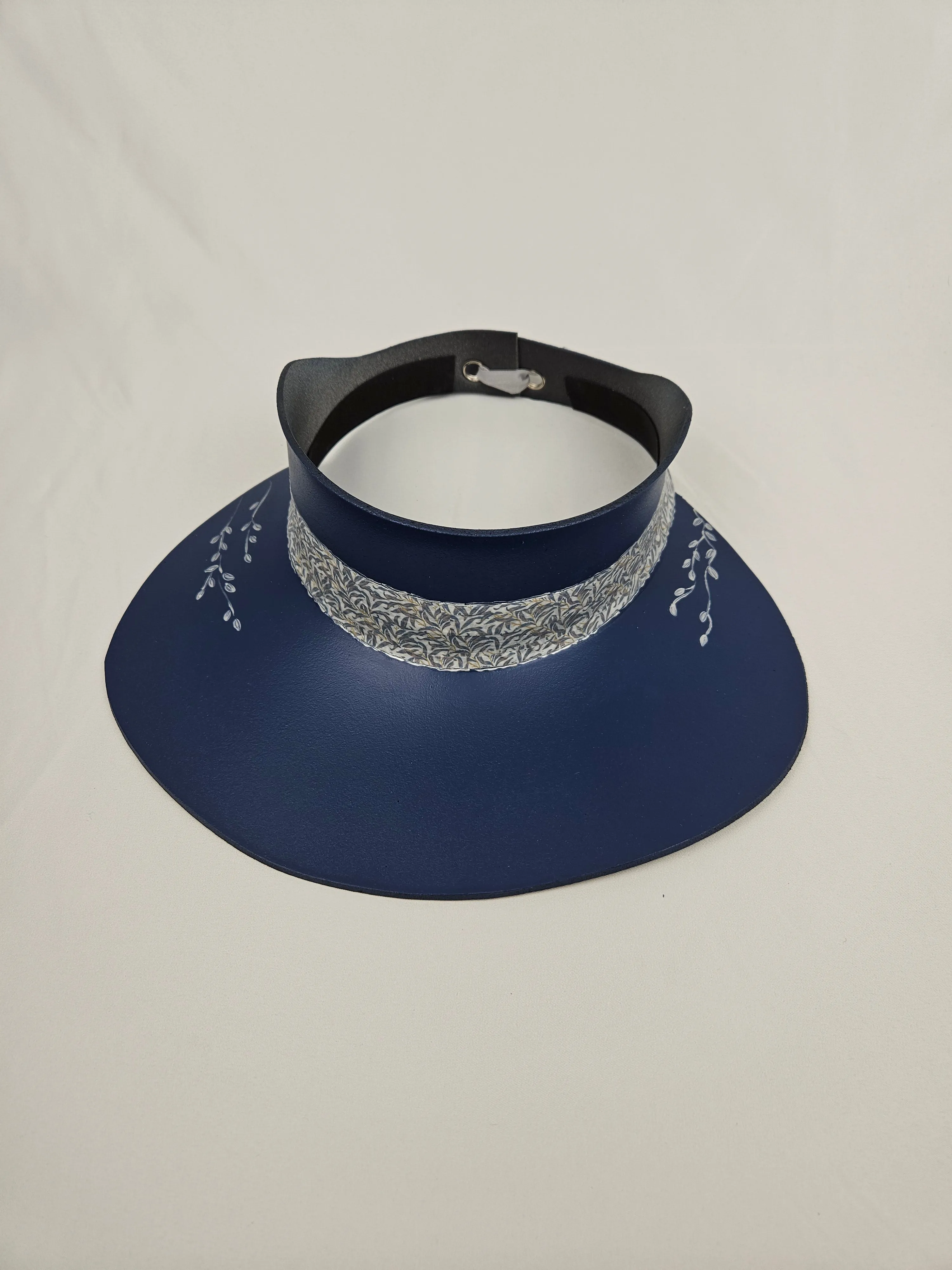 Navy Blue "LadyEVA" Visor Hat with Silver Leaf Patterned Band and Handpainted Floral Motif