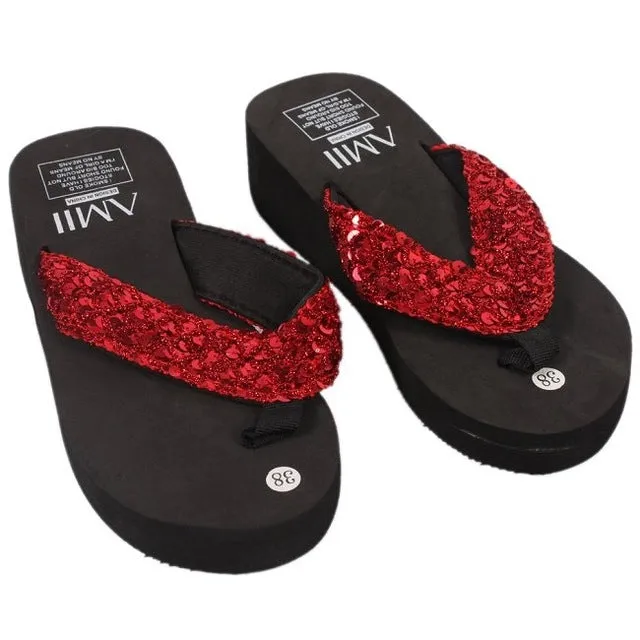 New Ladies Womens Girls Sequin Flatform Wedge Flip Flops Shoes Beach Sandals Comfortable black