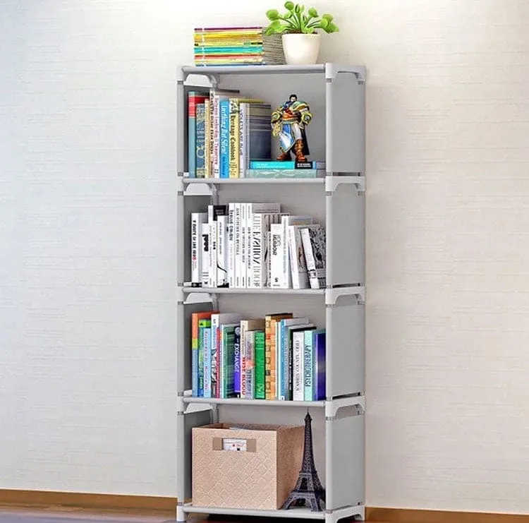 Non Wowen Fabric 4 Layer Simple Bookshelf, Stainless Steel Easy Moving Assembled Shelf, Clothes Toys Rack, Plastic Books Storage Cabinet