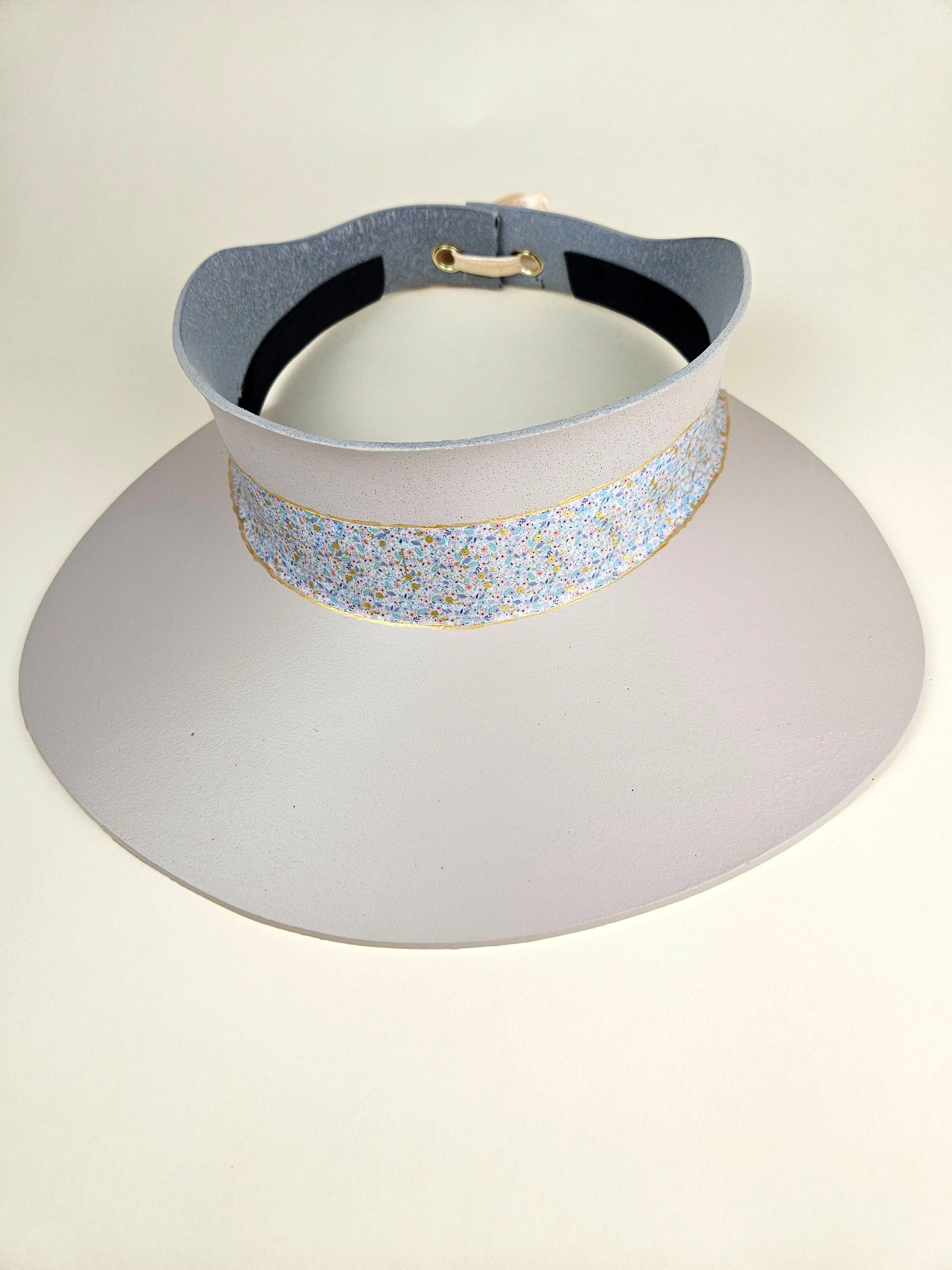 Peach Gray "LadyEVA" Visor Hat with Golden Pastel Multicolor Floral Band