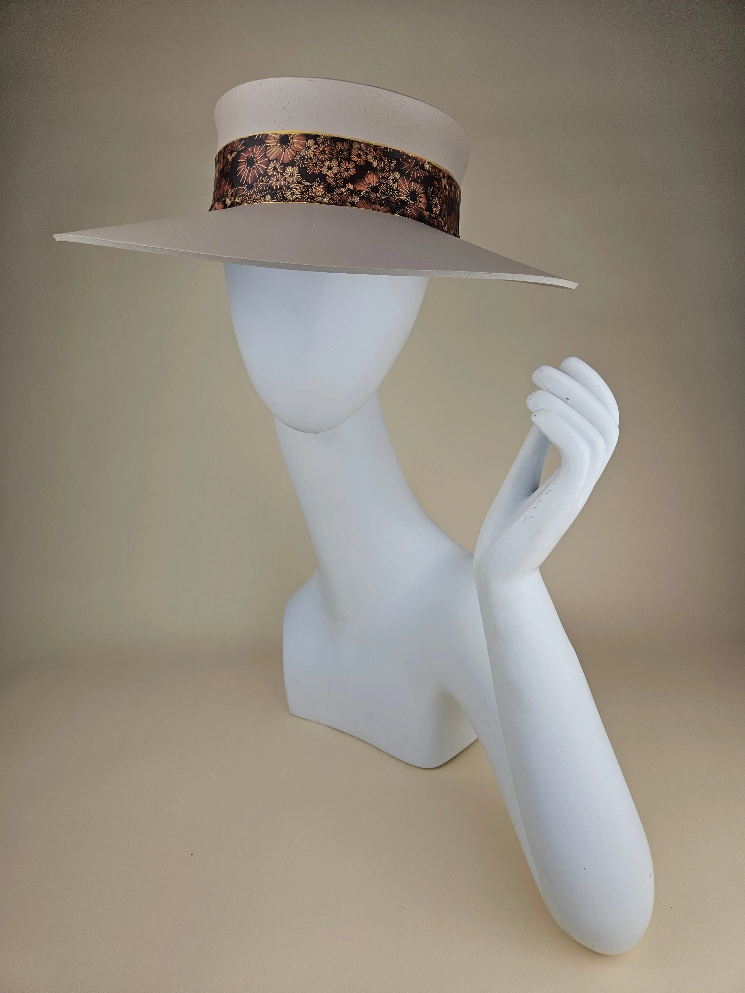 Peach Gray "LadyEVA" Visor Hat with Rust Brown Floral Band