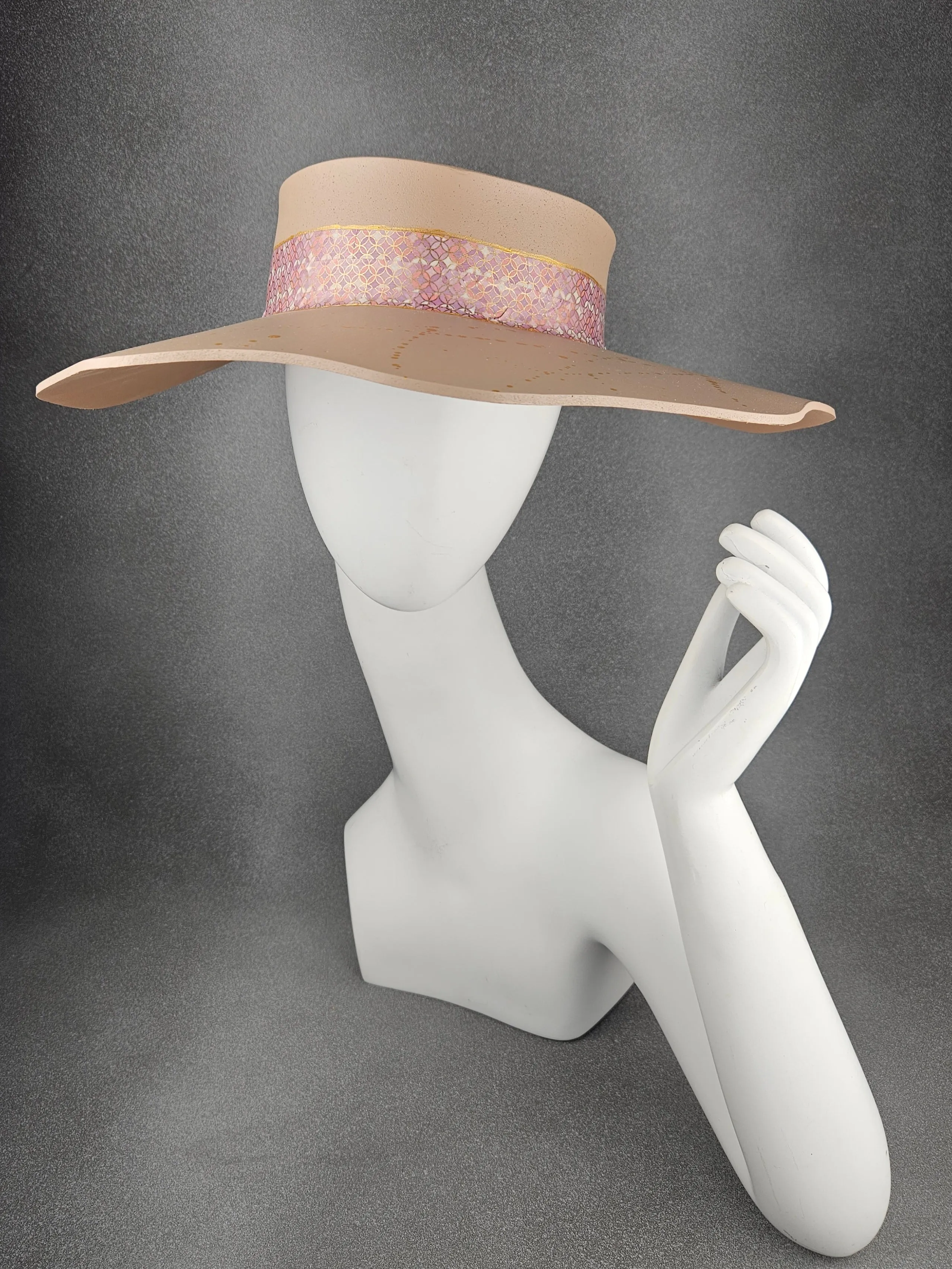 Peachy Beige Lotus Sun Visor Hat with Shimmery Light Pink Geometric Band and Gold Paint Splatter Effect