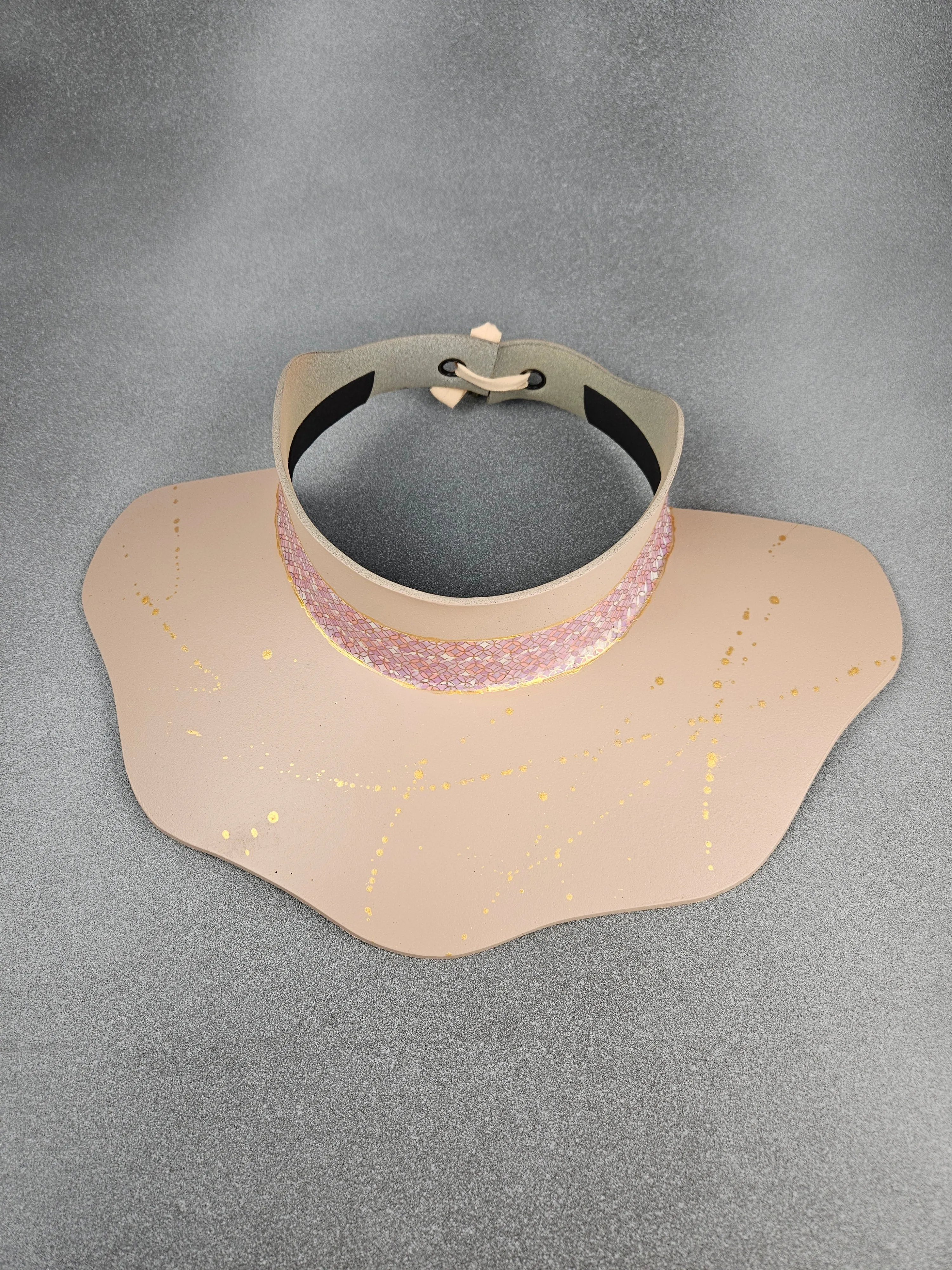 Peachy Beige Lotus Sun Visor Hat with Shimmery Light Pink Geometric Band and Gold Paint Splatter Effect