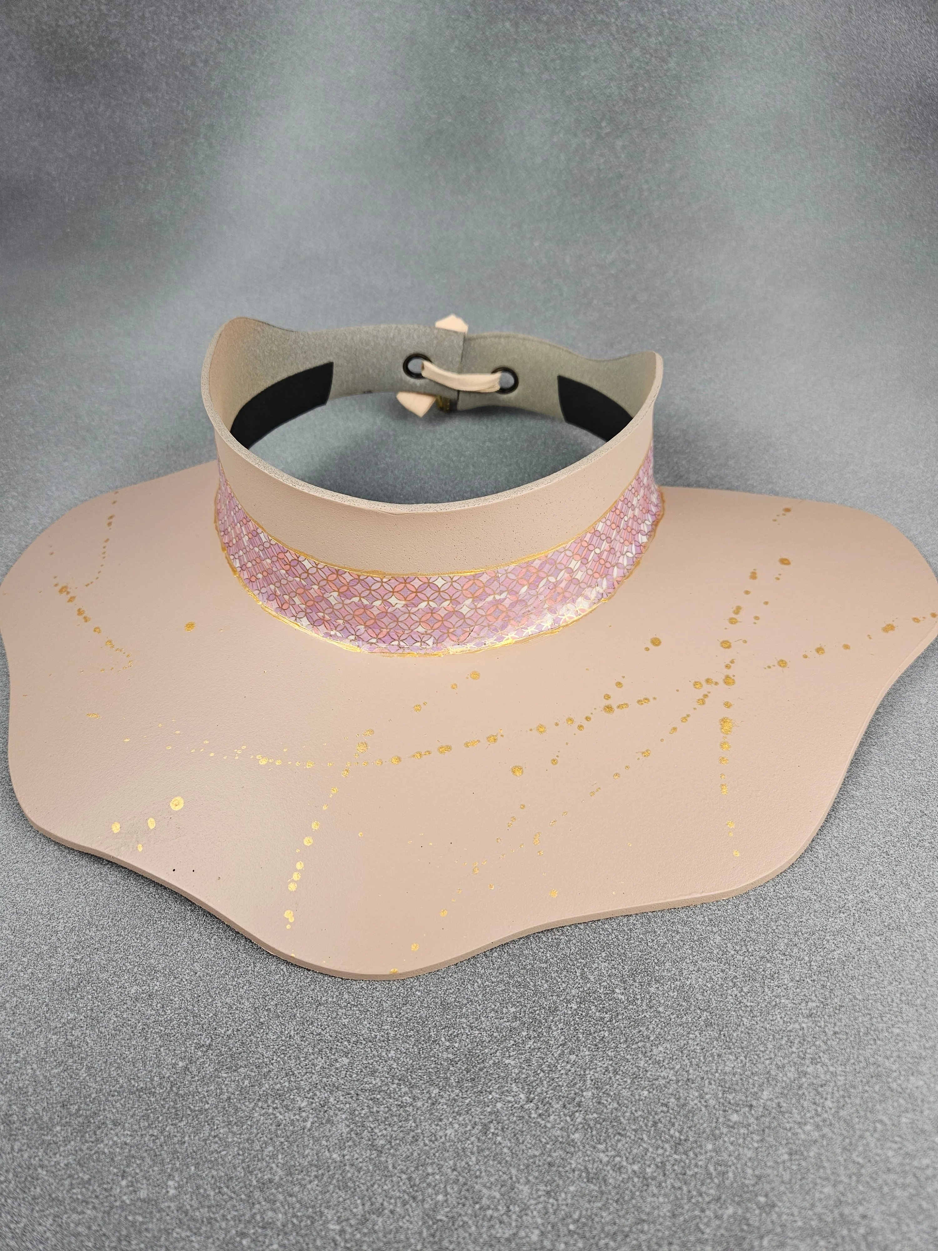 Peachy Beige Lotus Sun Visor Hat with Shimmery Light Pink Geometric Band and Gold Paint Splatter Effect