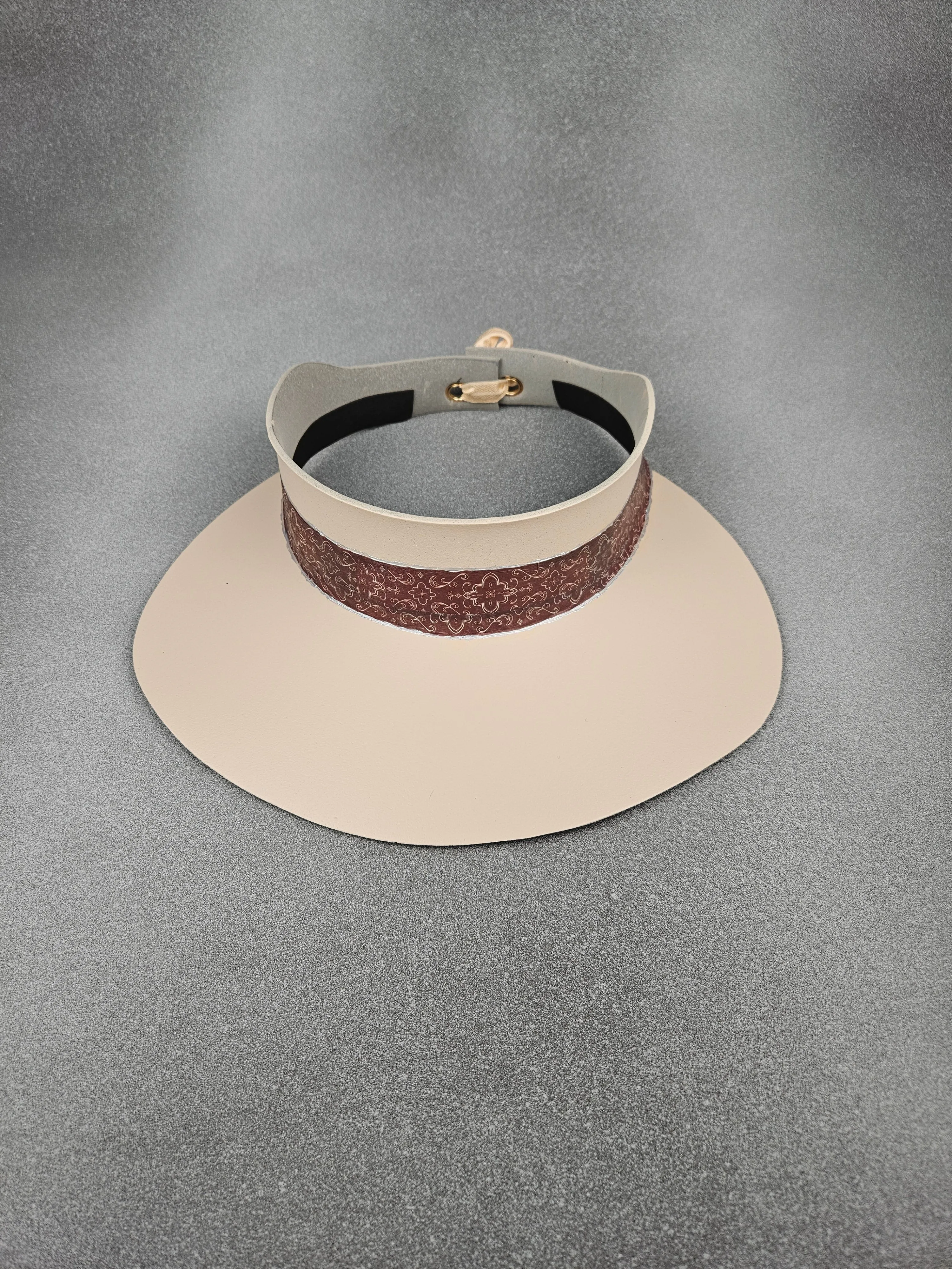 Peachy Beige "LadyEVA" Visor Hat with Burgundy Geometric Band