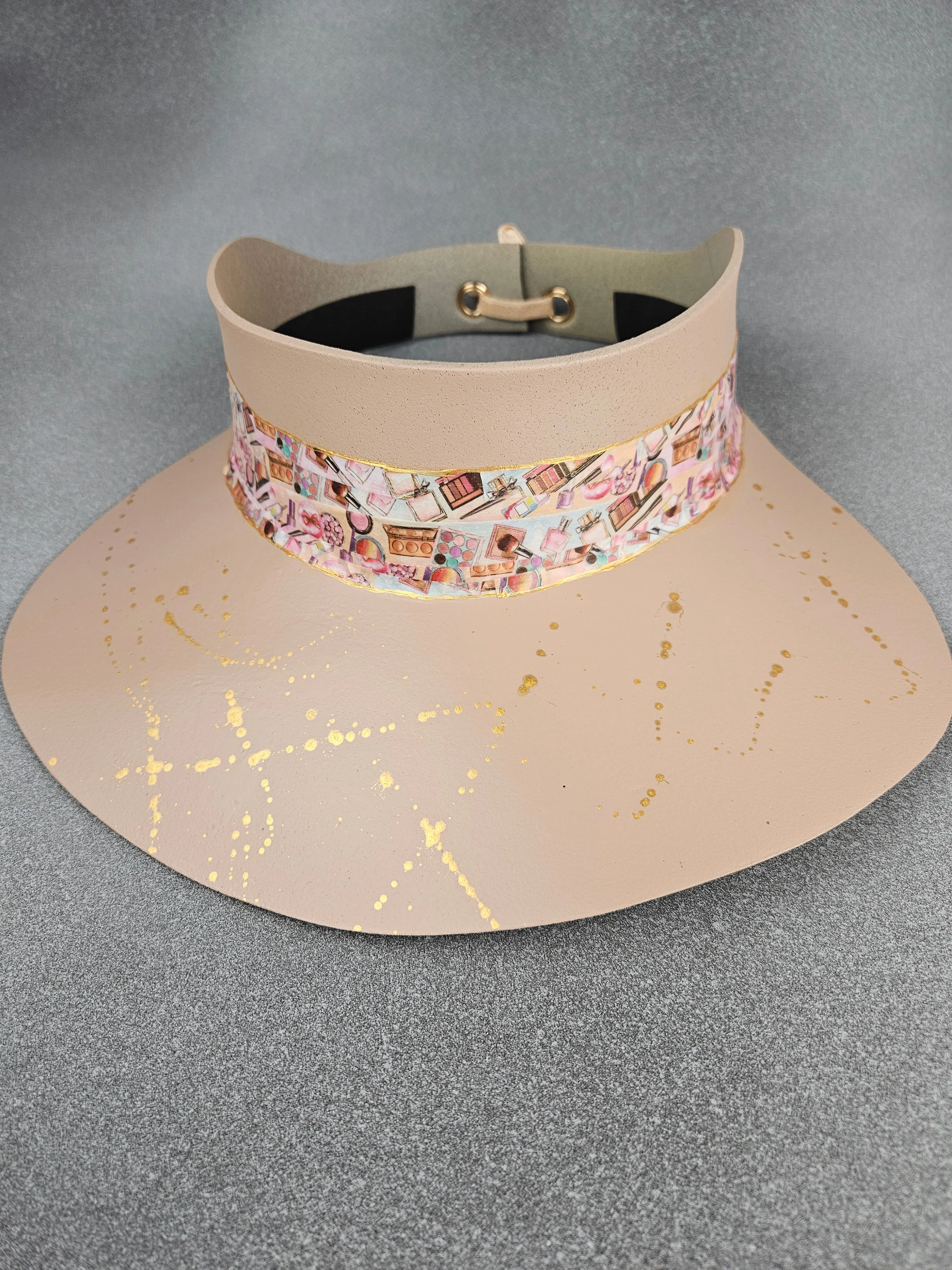 Peachy Beige "LadyEVA" Visor Hat with Cosmetic Themed Collage Band and Golden Paint Splatter Effect