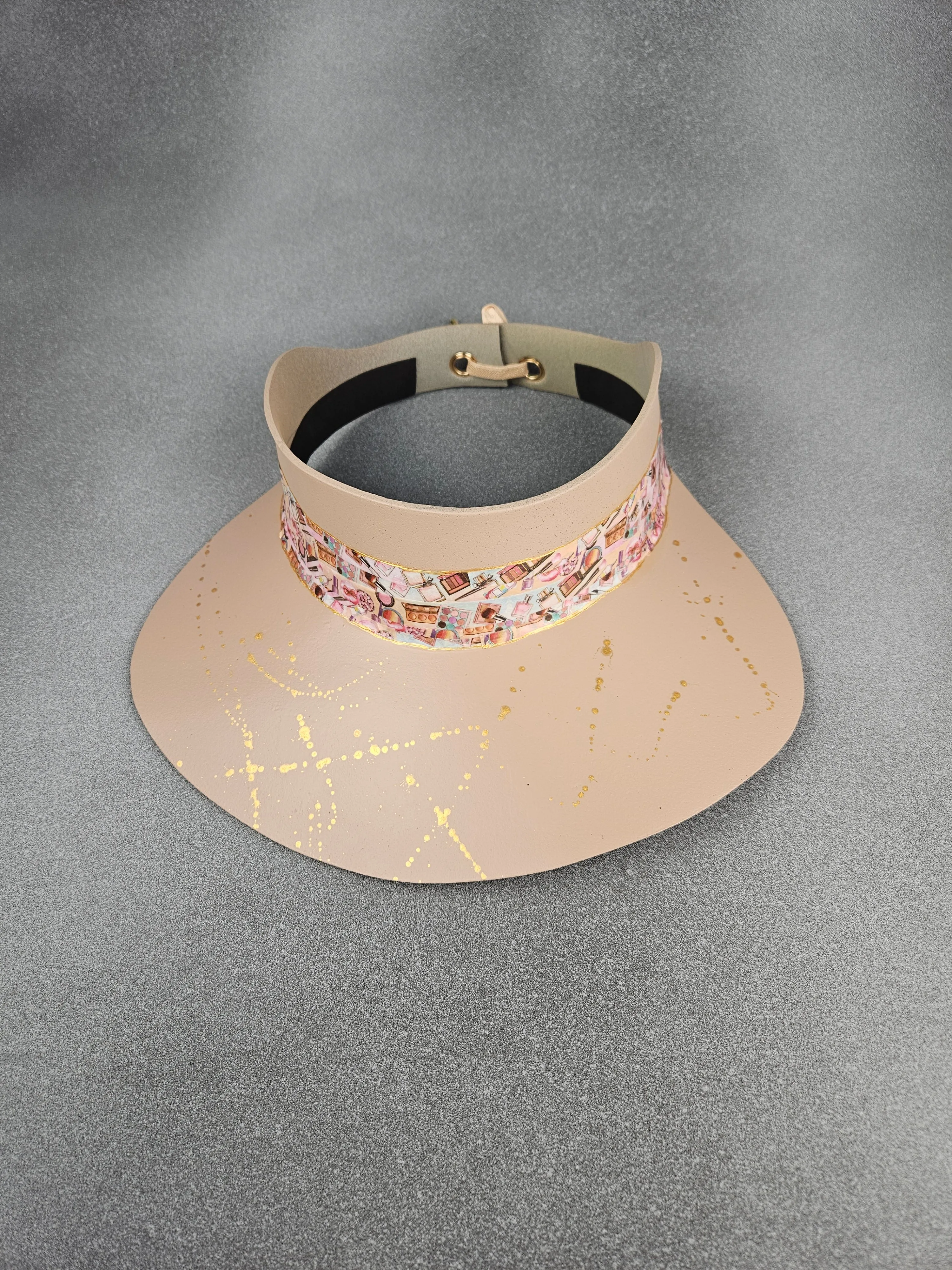 Peachy Beige "LadyEVA" Visor Hat with Cosmetic Themed Collage Band and Golden Paint Splatter Effect