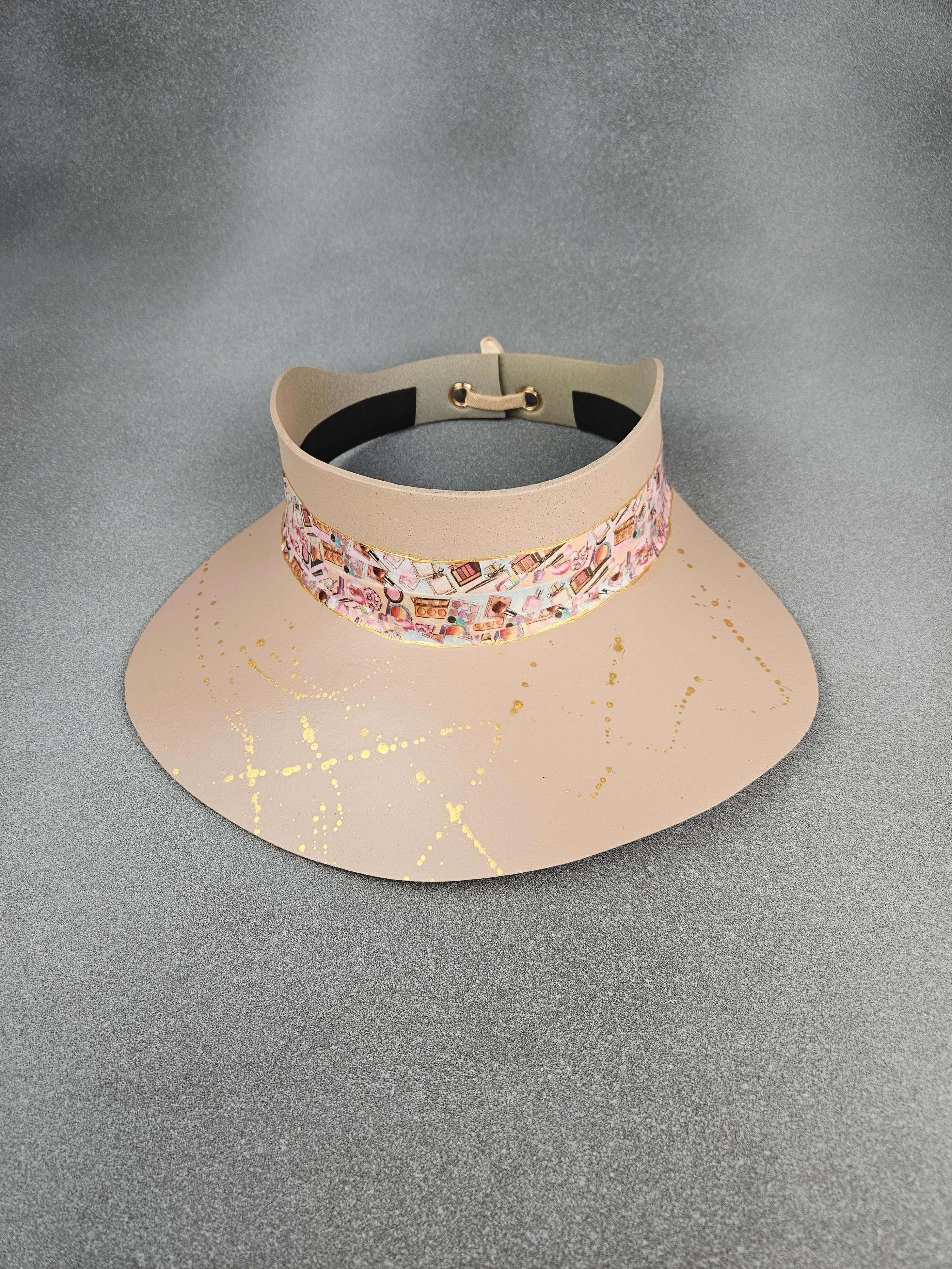 Peachy Beige "LadyEVA" Visor Hat with Cosmetic Themed Collage Band and Golden Paint Splatter Effect