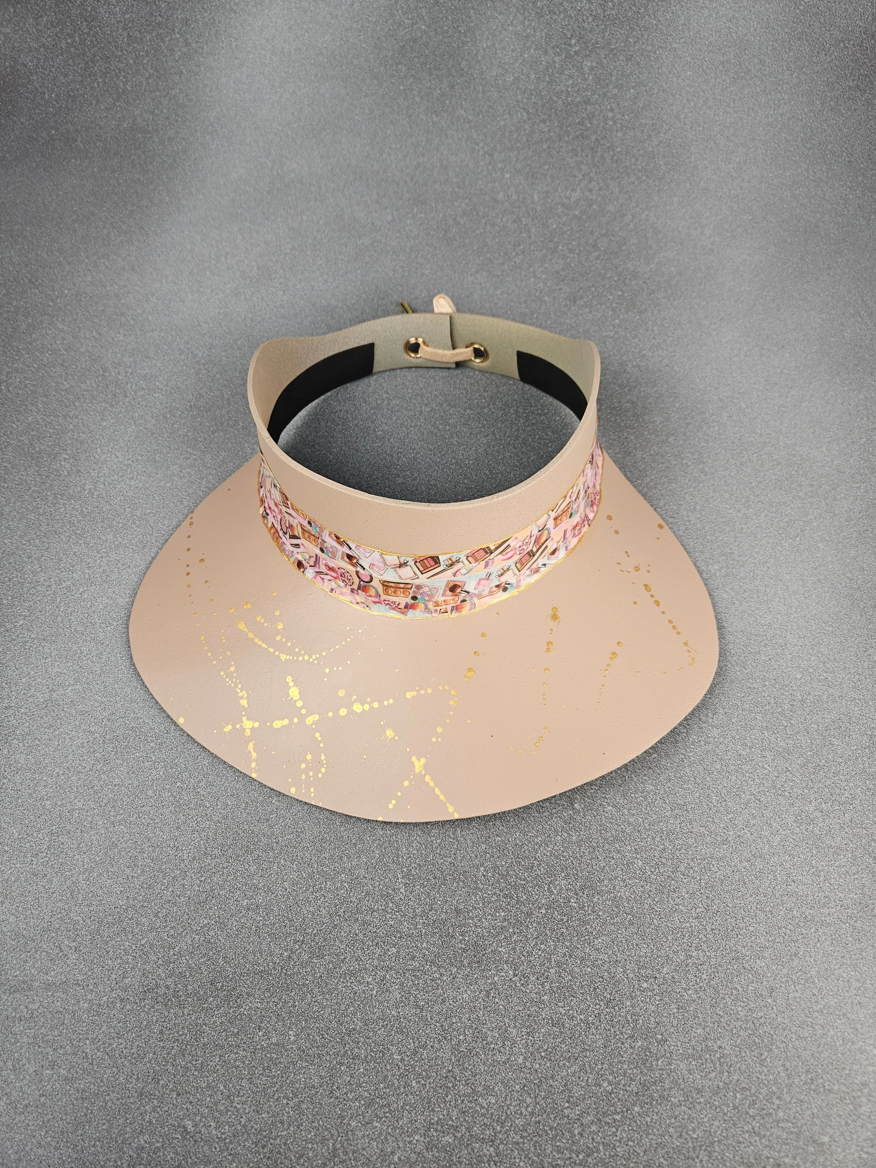 Peachy Beige "LadyEVA" Visor Hat with Cosmetic Themed Collage Band and Golden Paint Splatter Effect