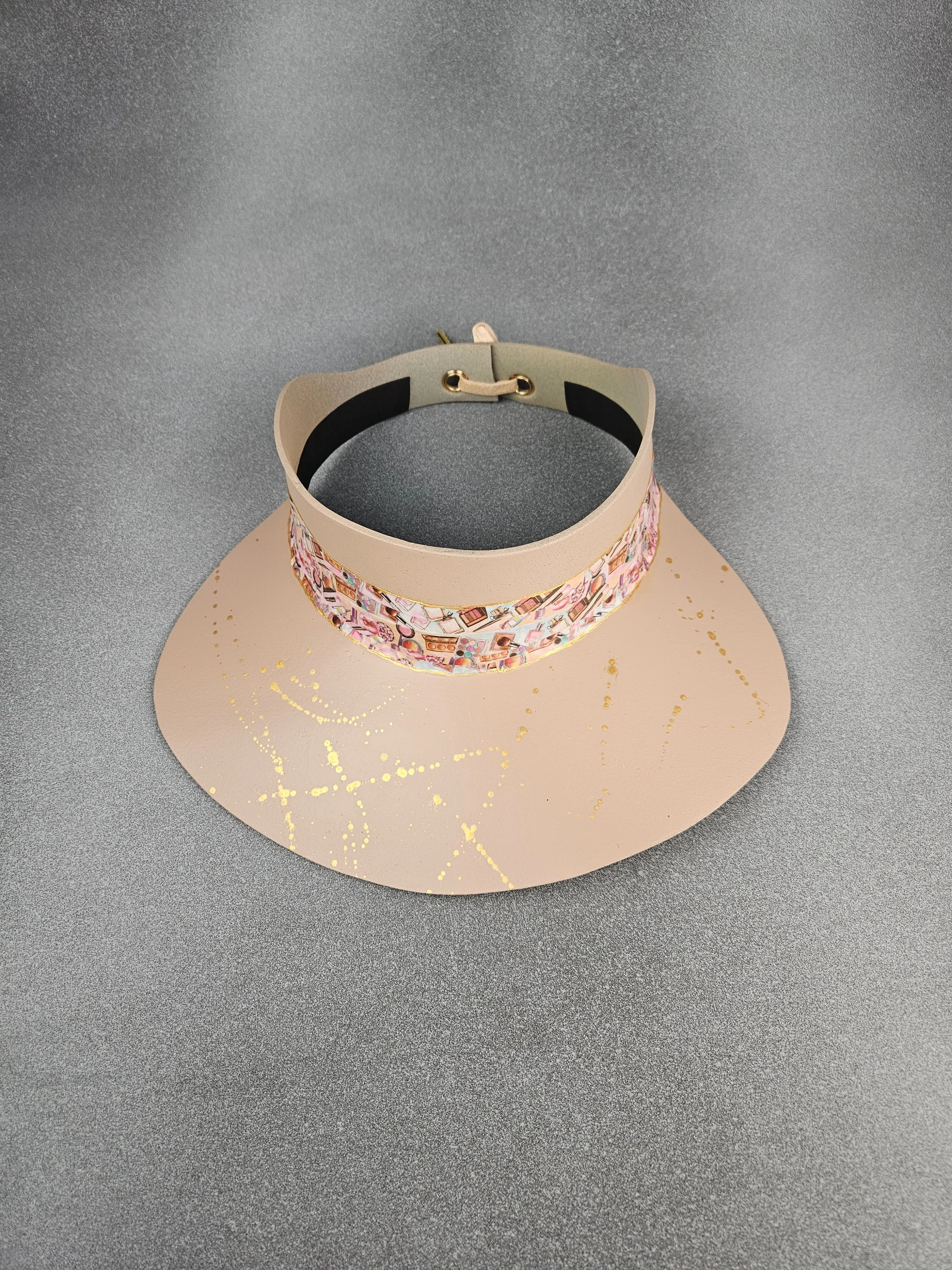 Peachy Beige "LadyEVA" Visor Hat with Cosmetic Themed Collage Band and Golden Paint Splatter Effect