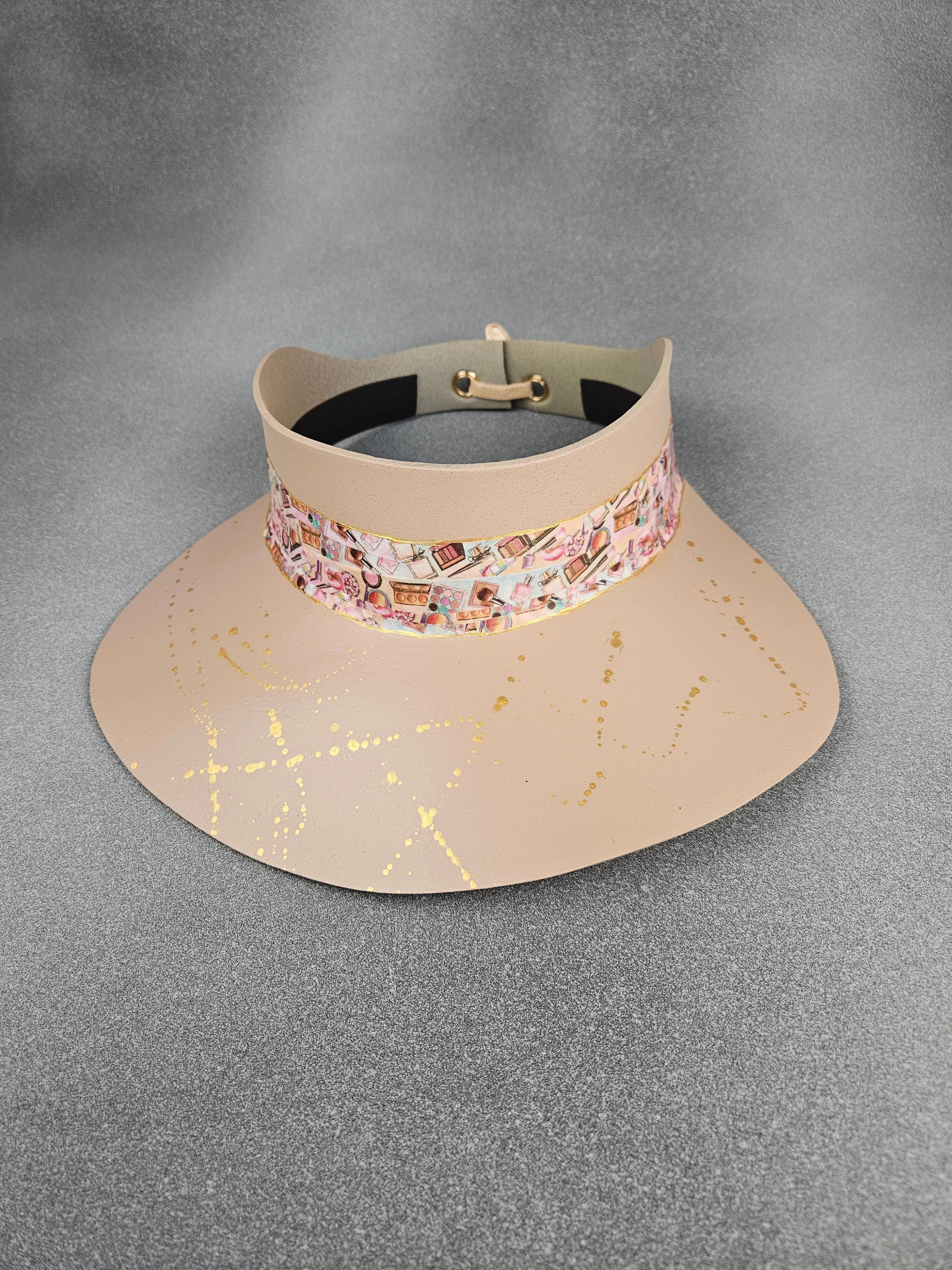 Peachy Beige "LadyEVA" Visor Hat with Cosmetic Themed Collage Band and Golden Paint Splatter Effect