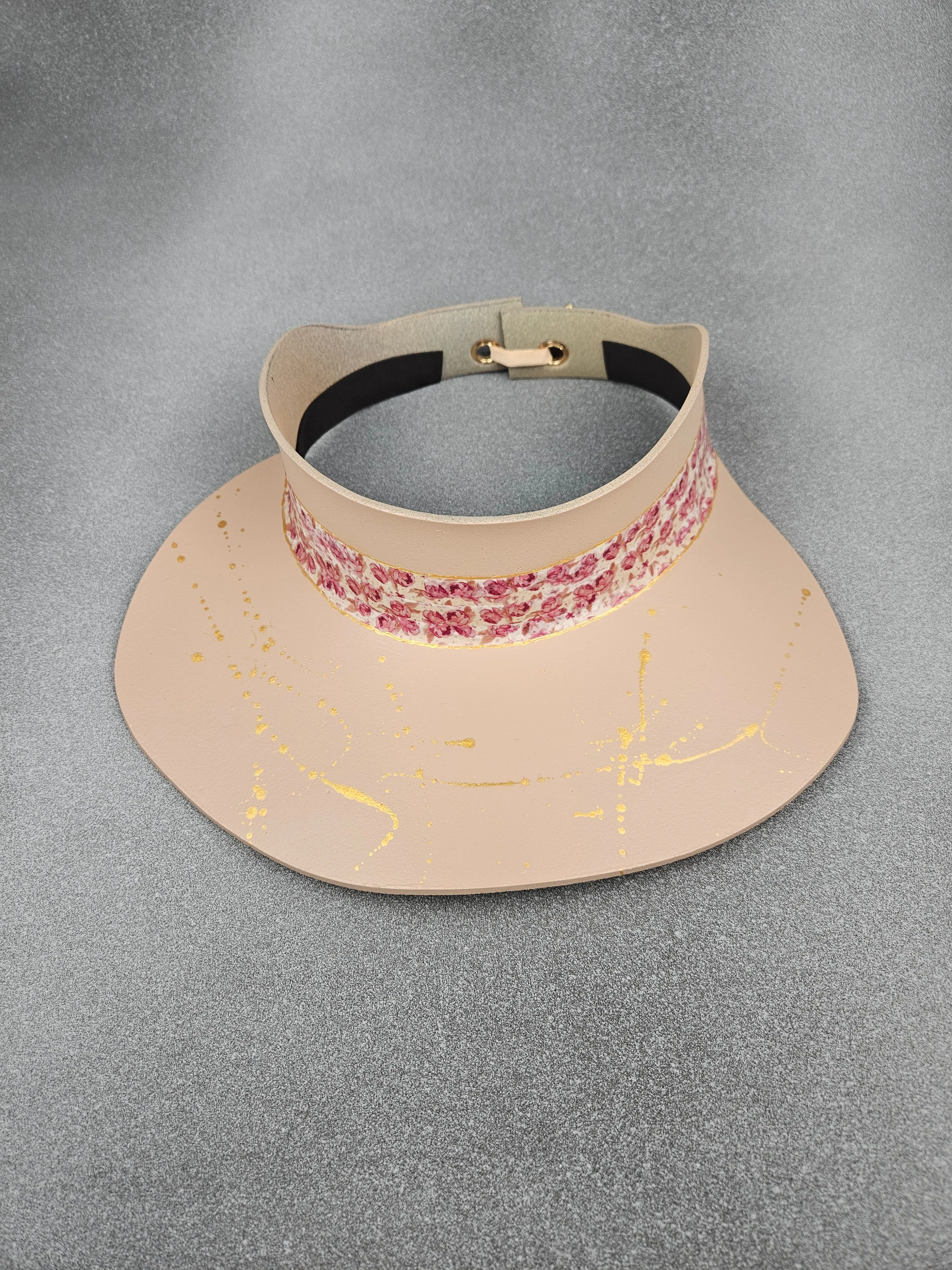 Peachy Beige "LadyEVA" Visor Hat with Magenta Pink Floral Band and Golden Paint Splatter Effect