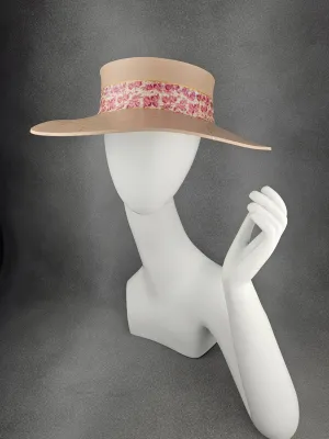 Peachy Beige "LadyEVA" Visor Hat with Magenta Pink Floral Band and Golden Paint Splatter Effect