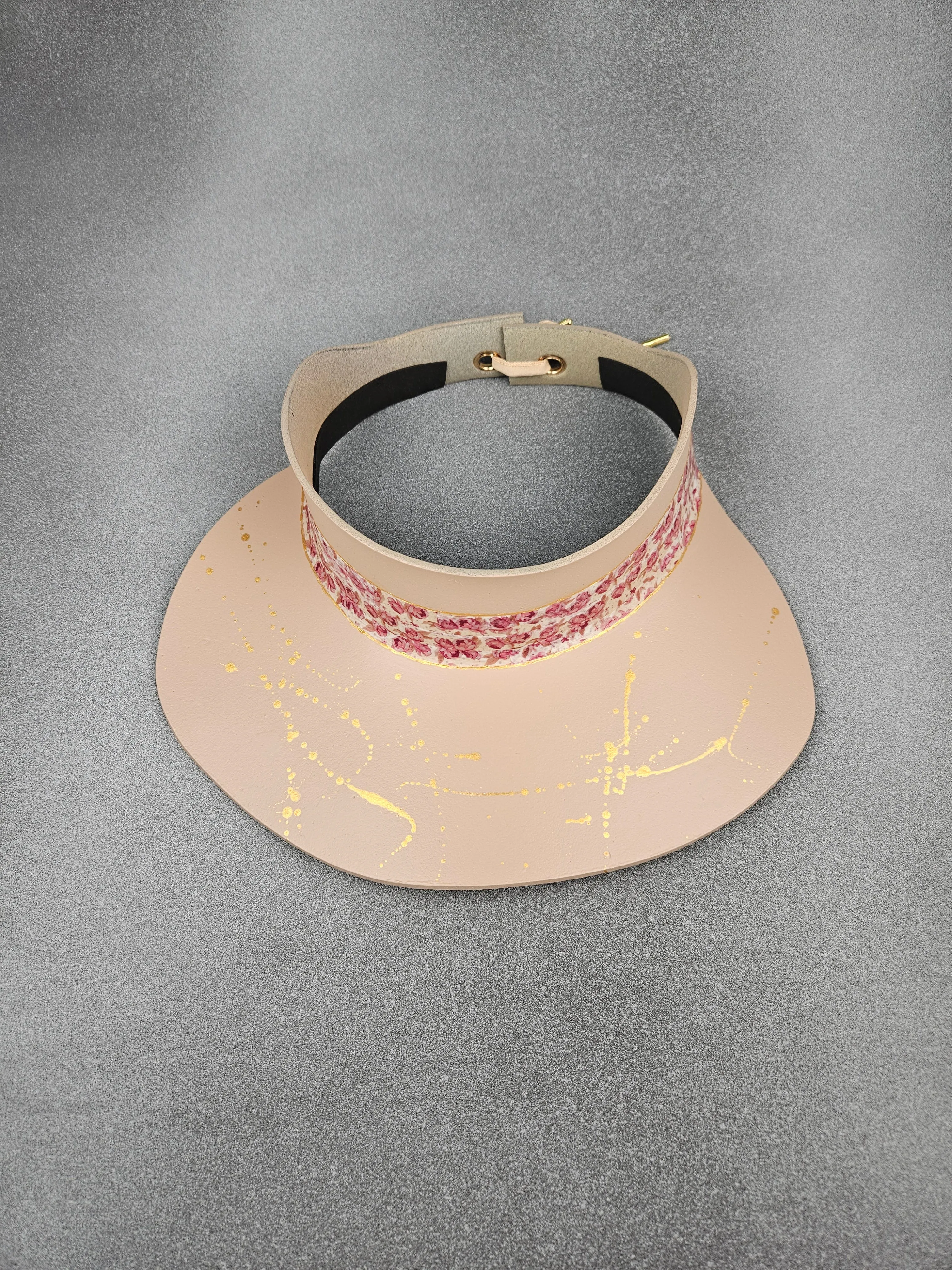 Peachy Beige "LadyEVA" Visor Hat with Magenta Pink Floral Band and Golden Paint Splatter Effect