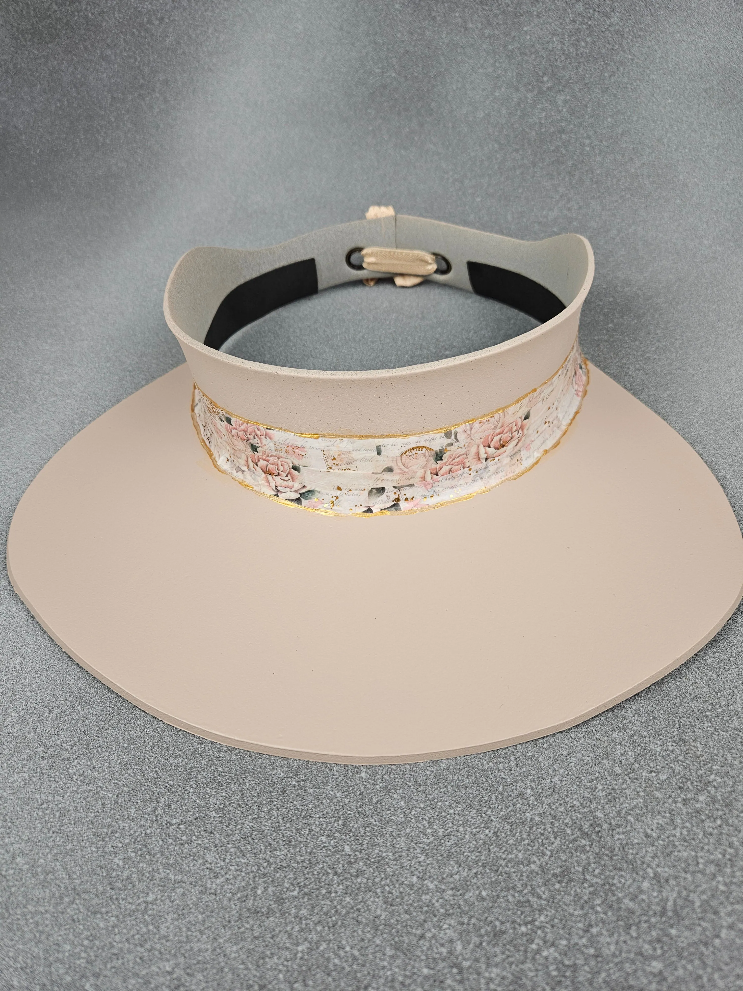 Peachy Beige "LadyEVA" Visor Hat with Vintage Style Pink Floral Band