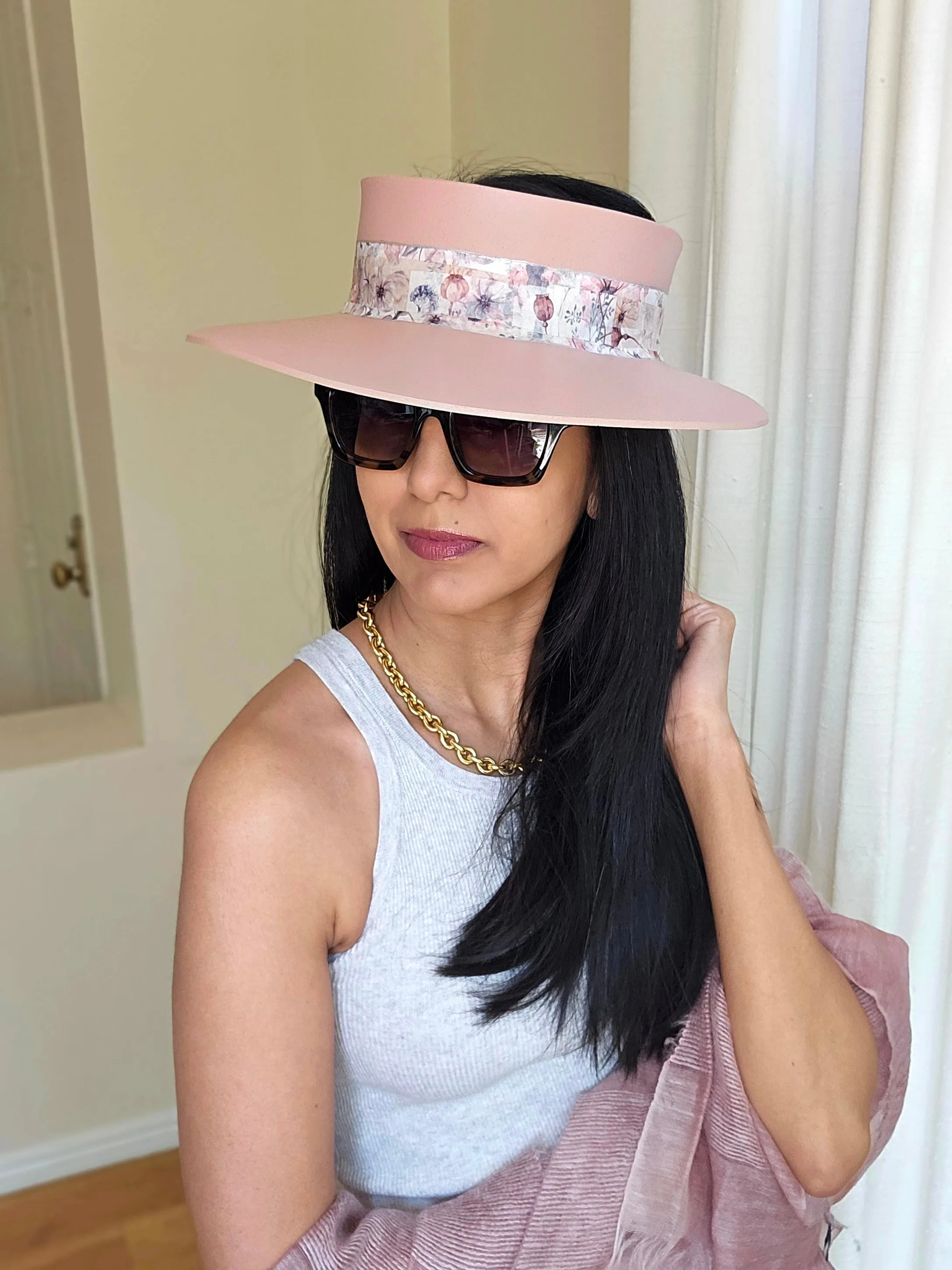 Peachy Pink "LadyEVA" Visor Hat with Bold Floral Band