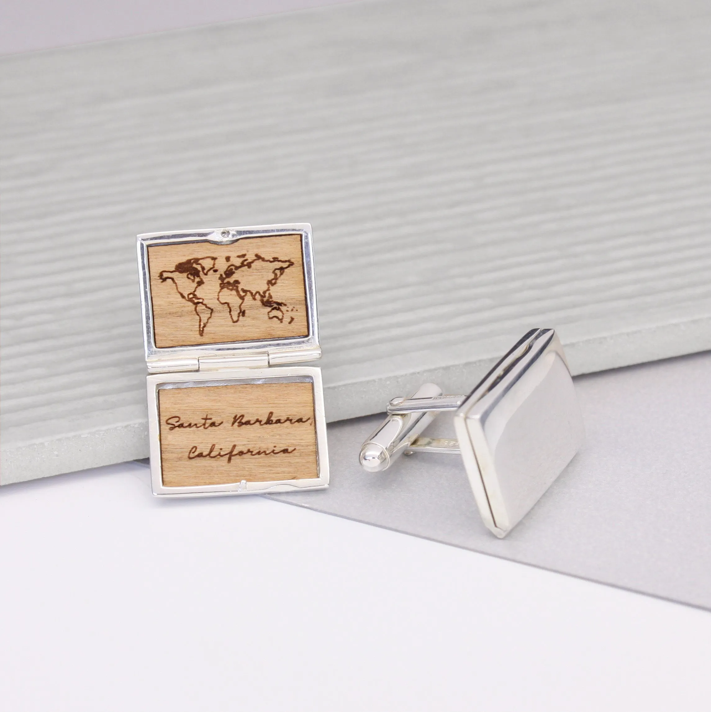 Personalised Sterling Silver World Map Locket Cufflinks