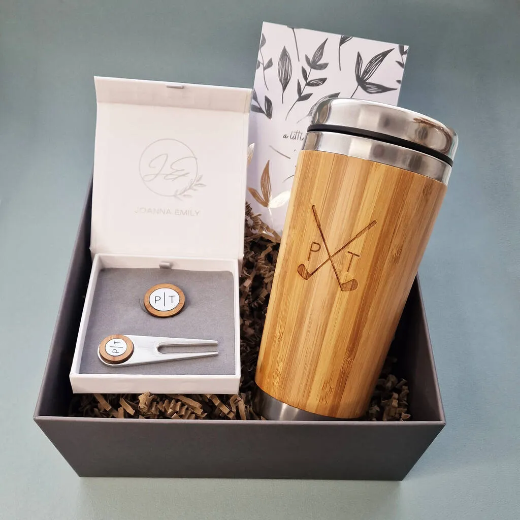 Personalised Wooden Travel Mug Golf Hamper, Golf Gift