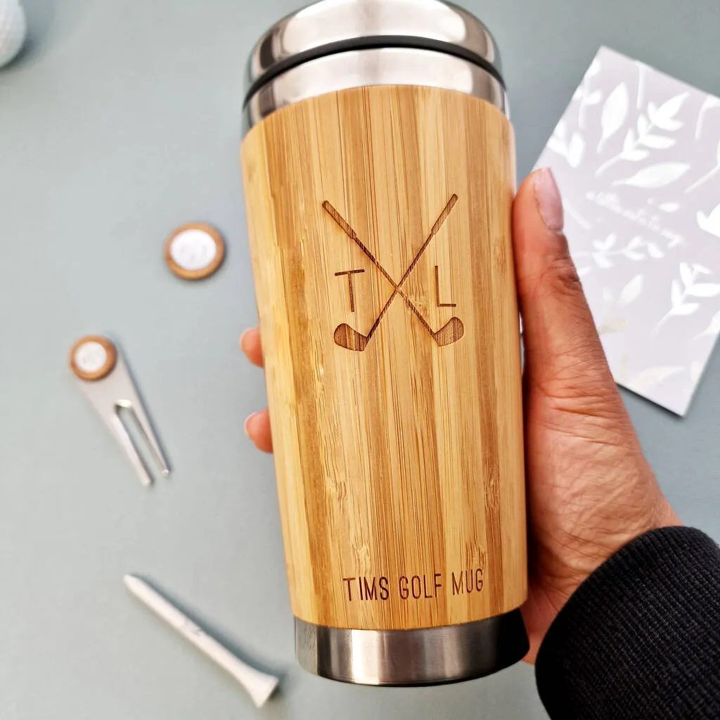 Personalised Wooden Travel Mug Golf Hamper, Golf Gift