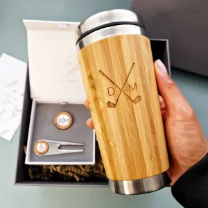 Personalised Wooden Travel Mug Golf Hamper, Golf Gift