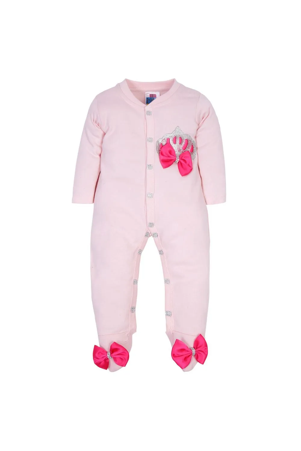 Pink Embroidered Crown Detailing Cotton Lycra Sleepsuits Set