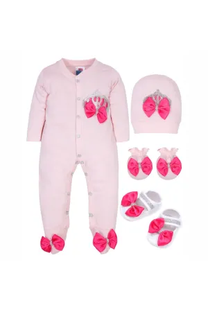 Pink Embroidered Crown Detailing Cotton Lycra Sleepsuits Set