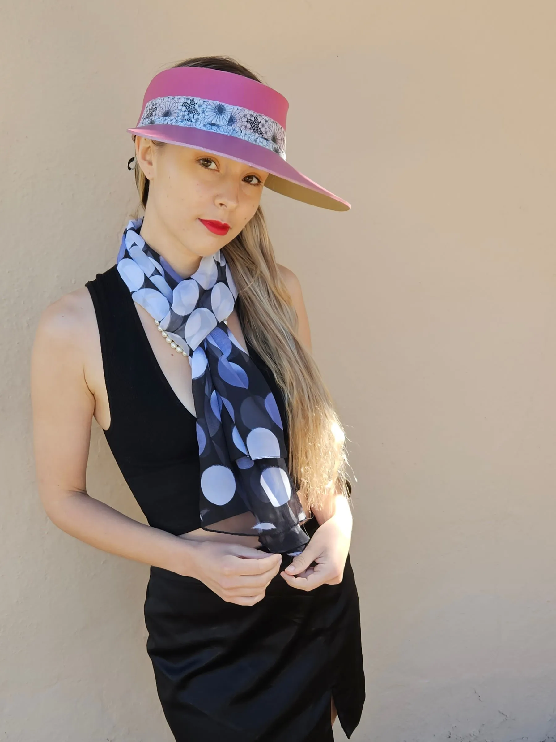 Pink "LadyEVA" Visor Hat with Black and White Floral Band