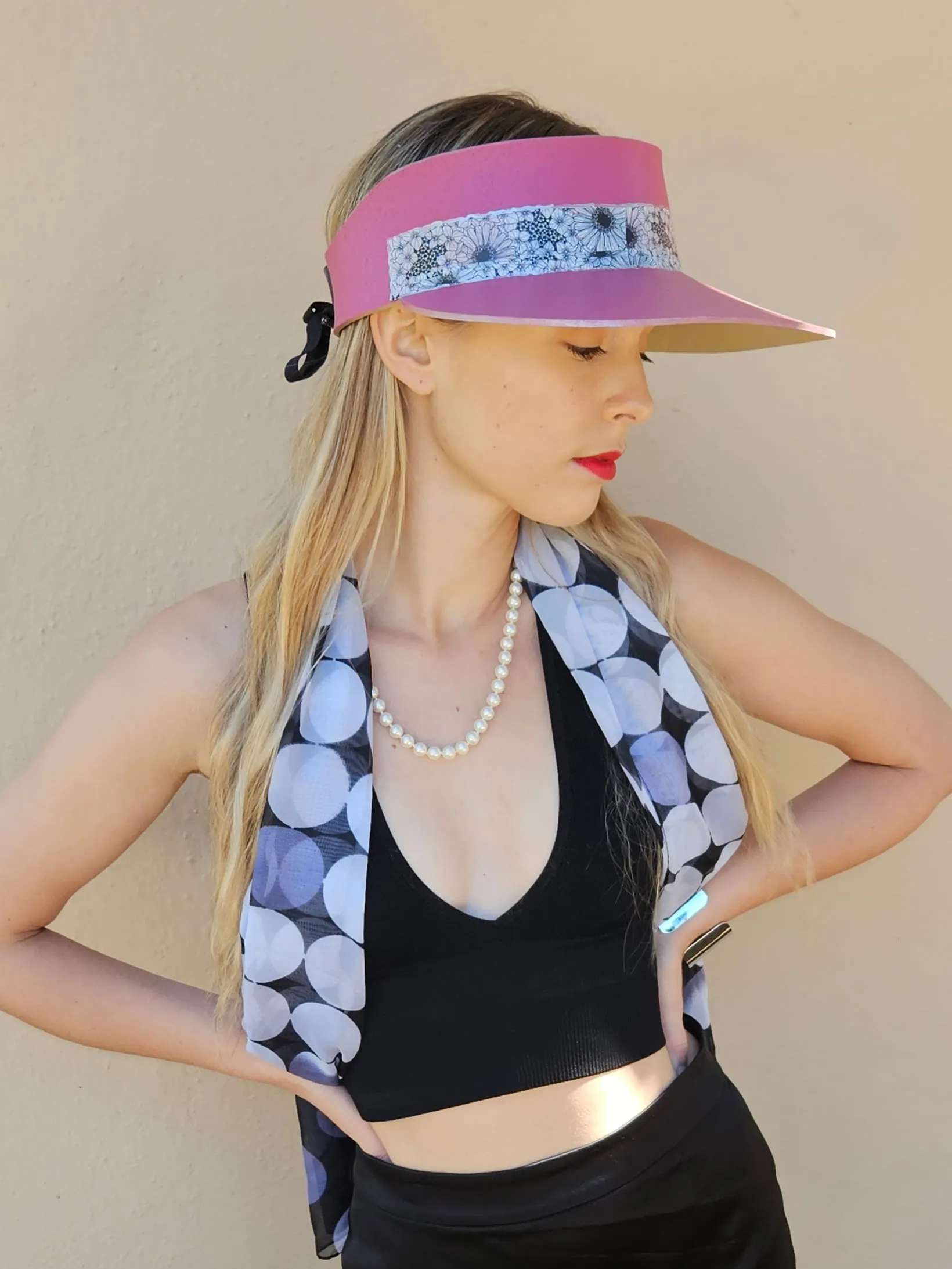 Pink "LadyEVA" Visor Hat with Black and White Floral Band