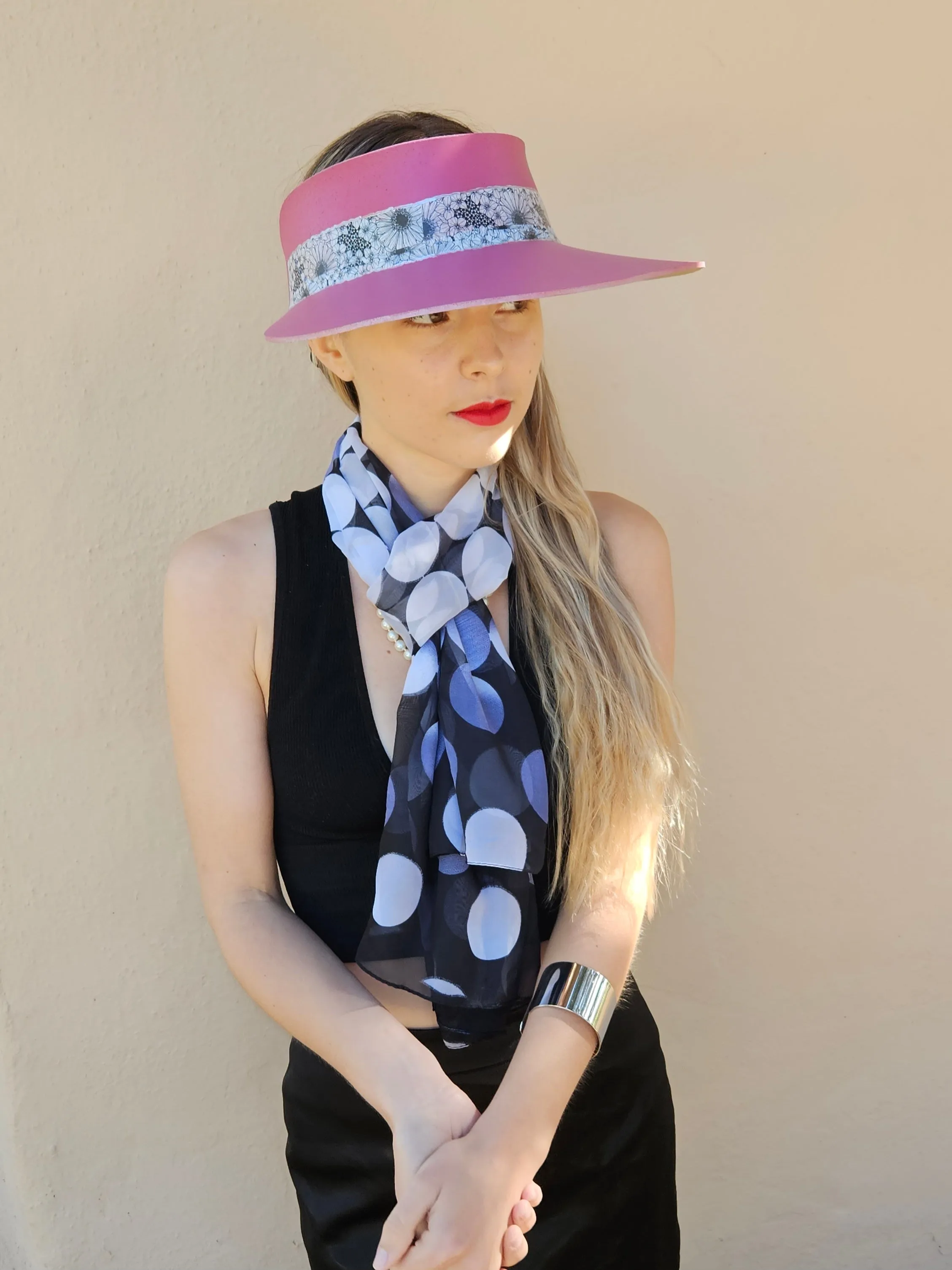 Pink "LadyEVA" Visor Hat with Black and White Floral Band