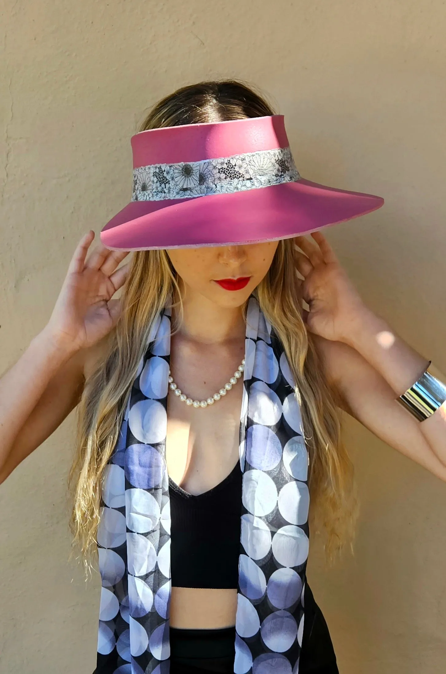 Pink "LadyEVA" Visor Hat with Black and White Floral Band