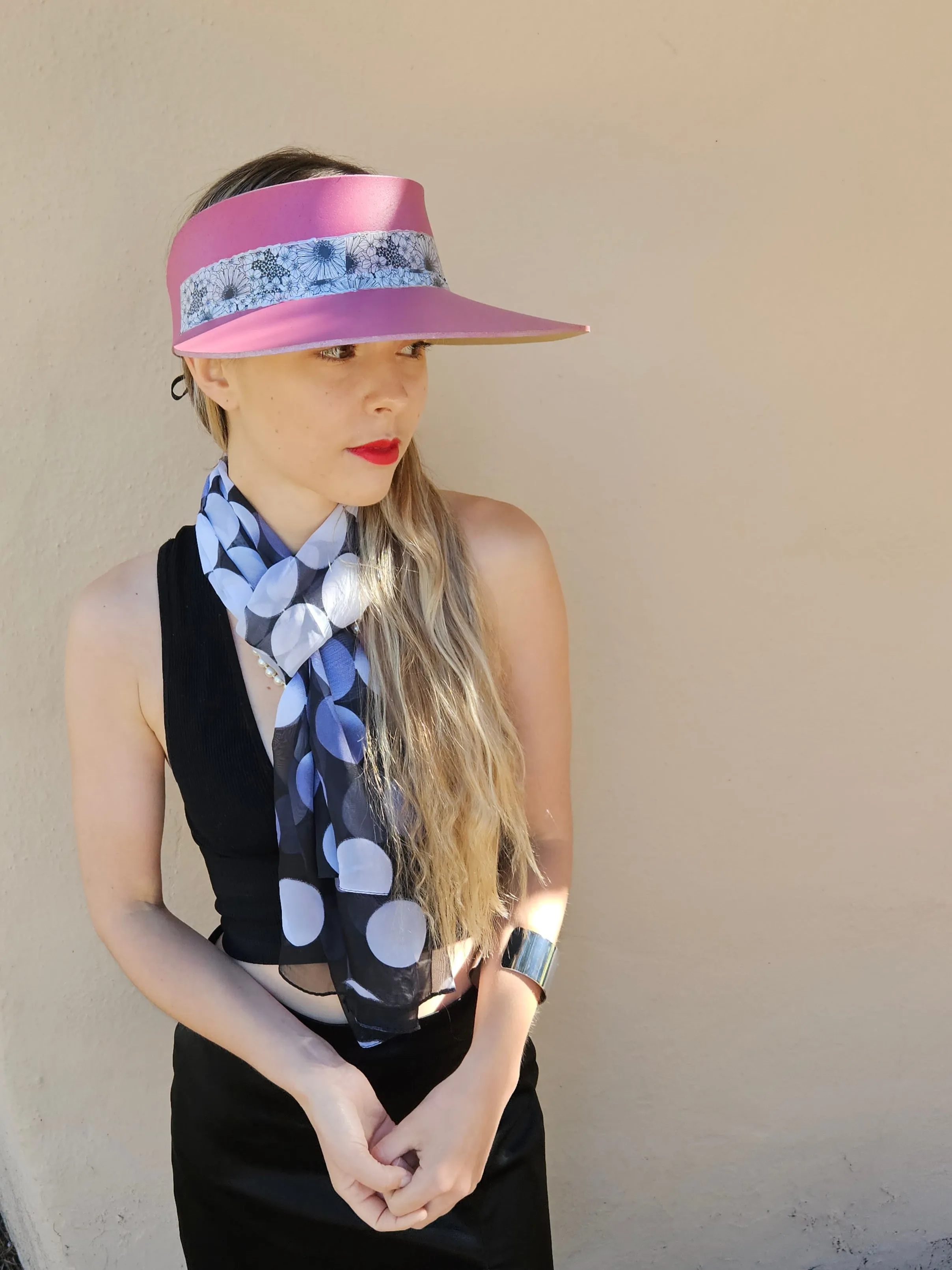 Pink "LadyEVA" Visor Hat with Black and White Floral Band