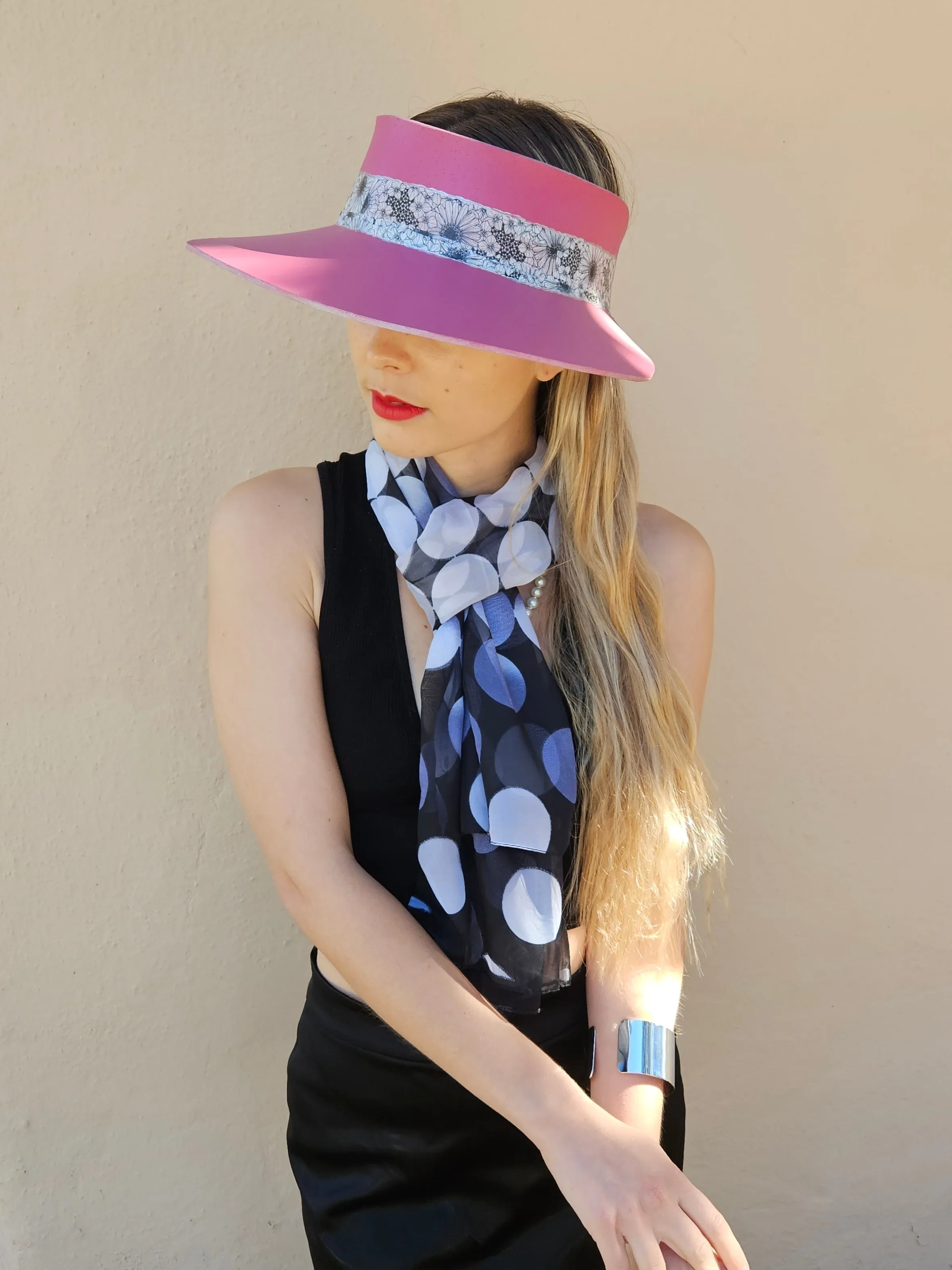 Pink "LadyEVA" Visor Hat with Black and White Floral Band