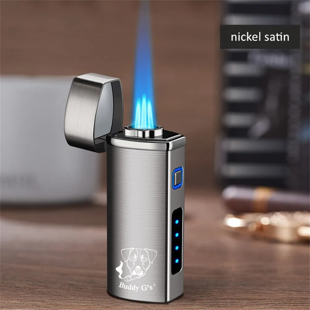 Polished Metal Windproof Triple Burner Refillable Butane Jet Torch - Rechargeable Electronic Ignition - Built-in Cigar Punch