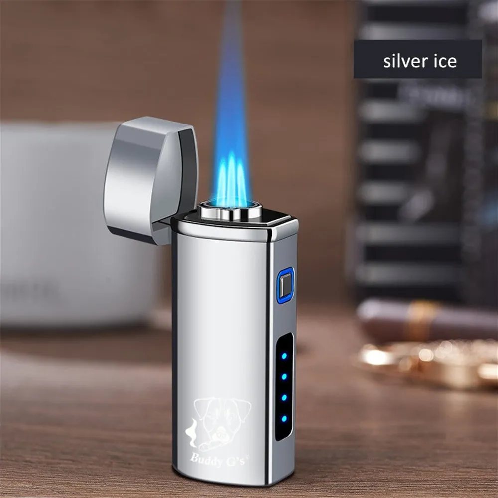 Polished Metal Windproof Triple Burner Refillable Butane Jet Torch - Rechargeable Electronic Ignition - Built-in Cigar Punch