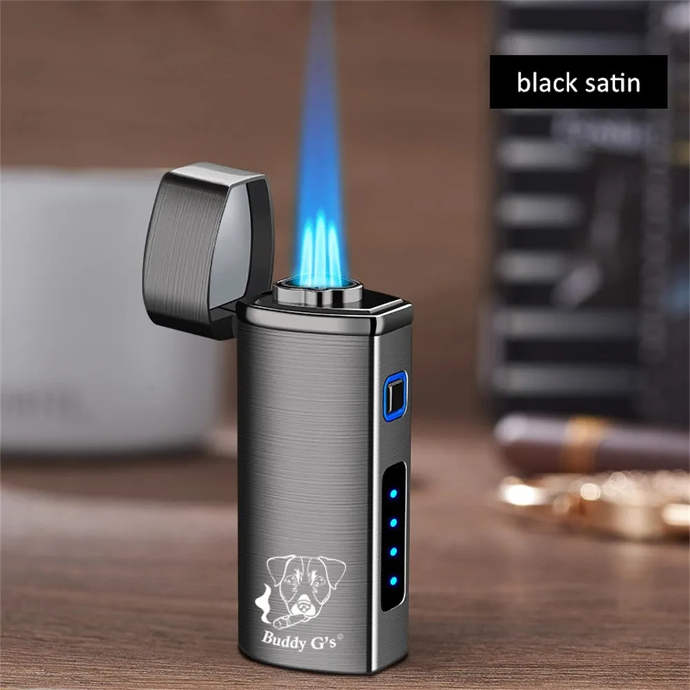 Polished Metal Windproof Triple Burner Refillable Butane Jet Torch - Rechargeable Electronic Ignition - Built-in Cigar Punch