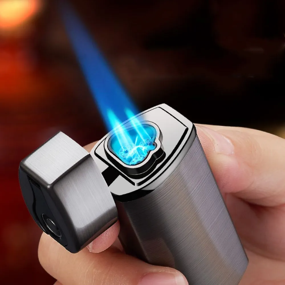 Polished Metal Windproof Triple Burner Refillable Butane Jet Torch - Rechargeable Electronic Ignition - Built-in Cigar Punch