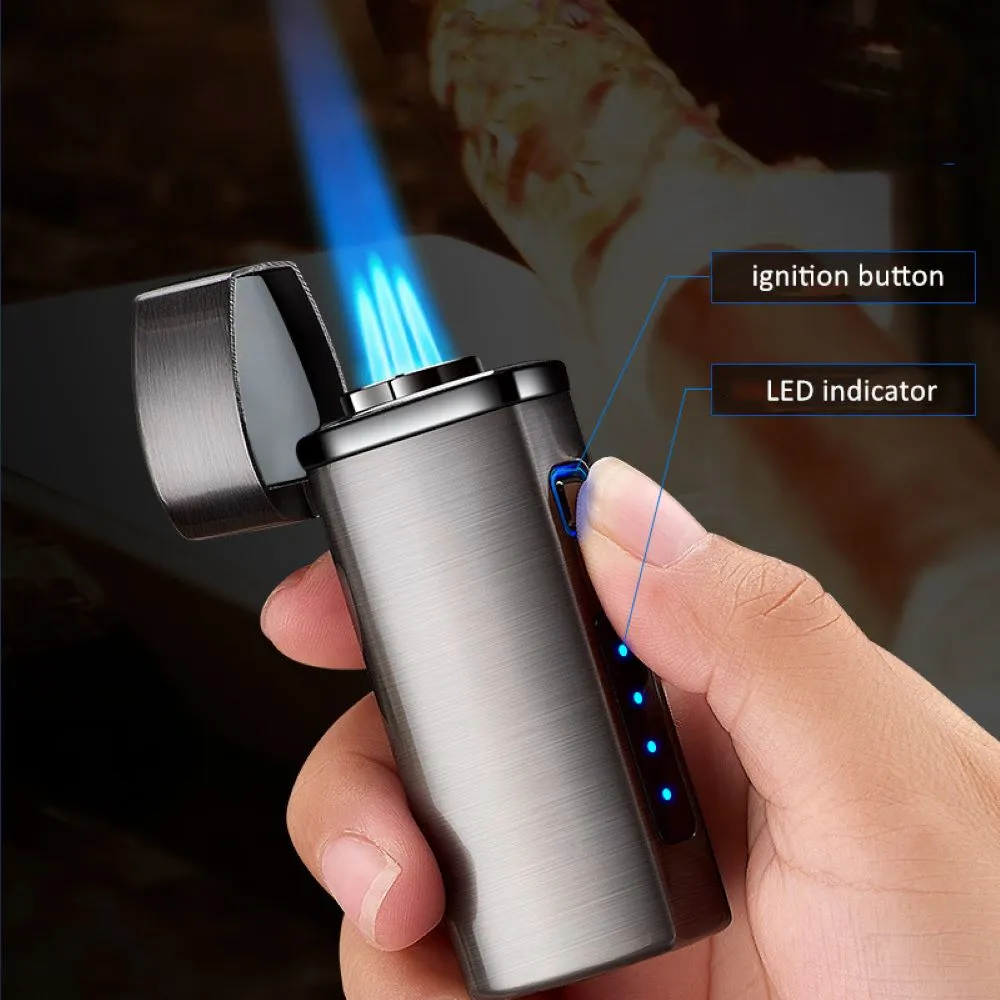 Polished Metal Windproof Triple Burner Refillable Butane Jet Torch - Rechargeable Electronic Ignition - Built-in Cigar Punch