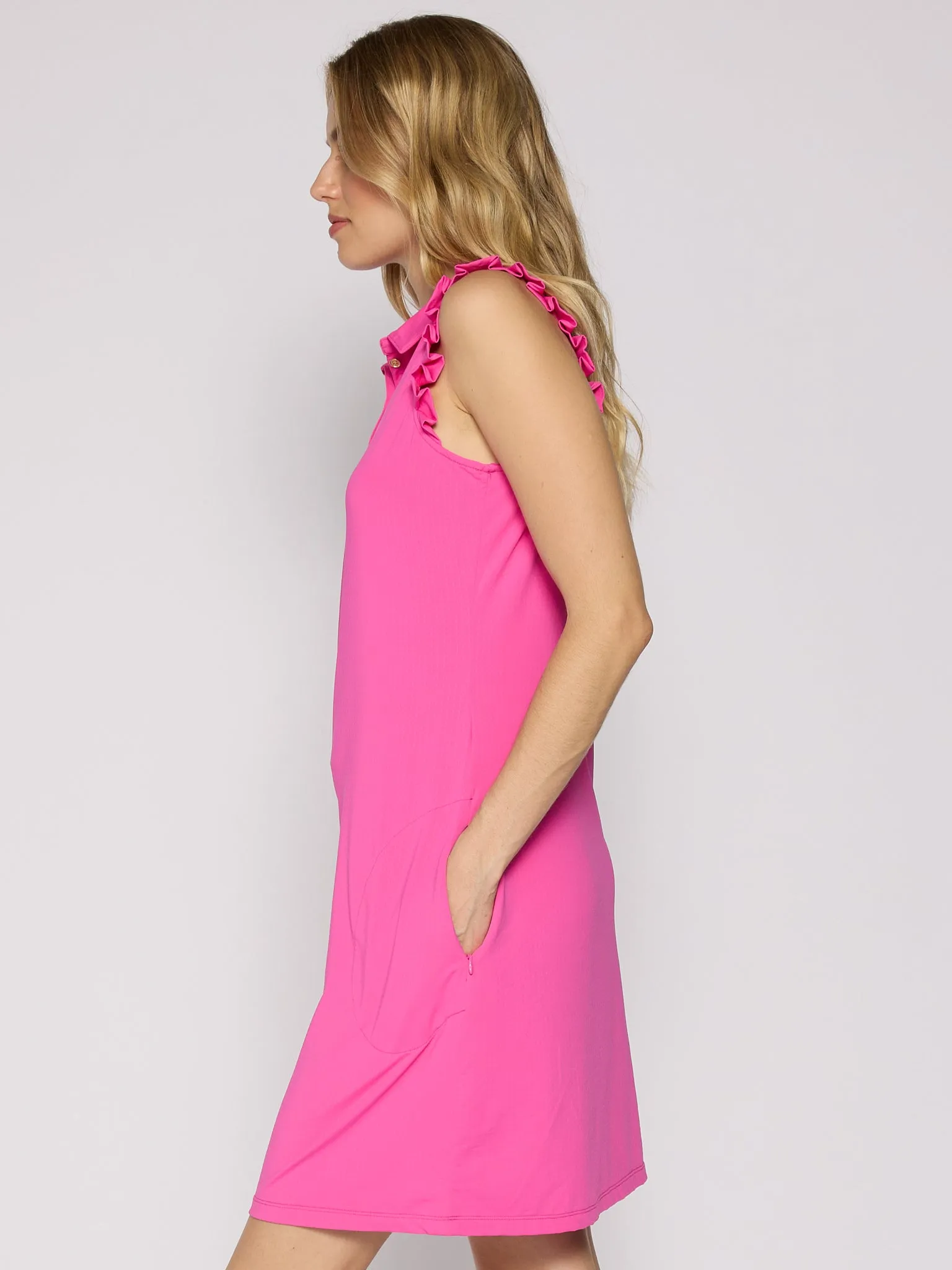 Polo Dress With Gold Buttons in Hot Pink