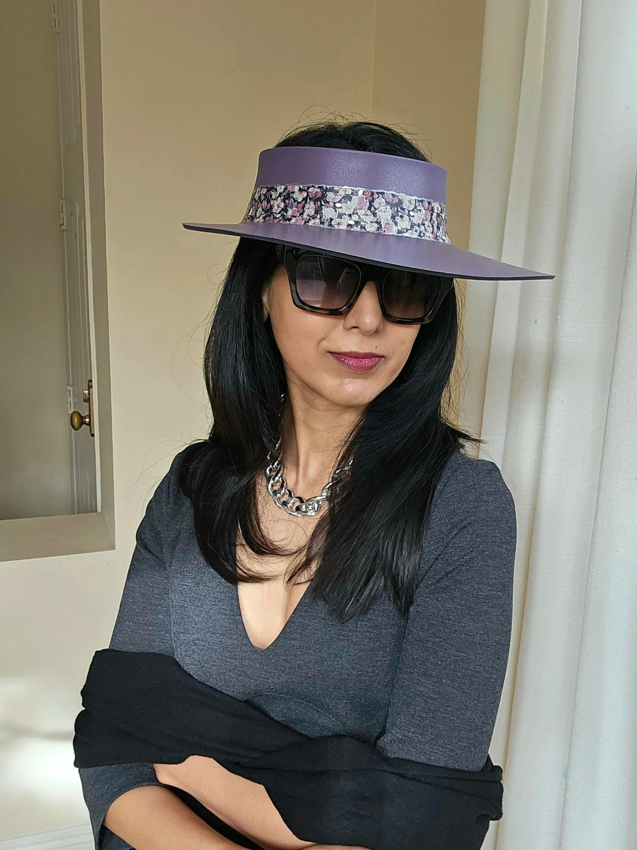 Purple LadyEVA Visor Hat with Dark Floral Band