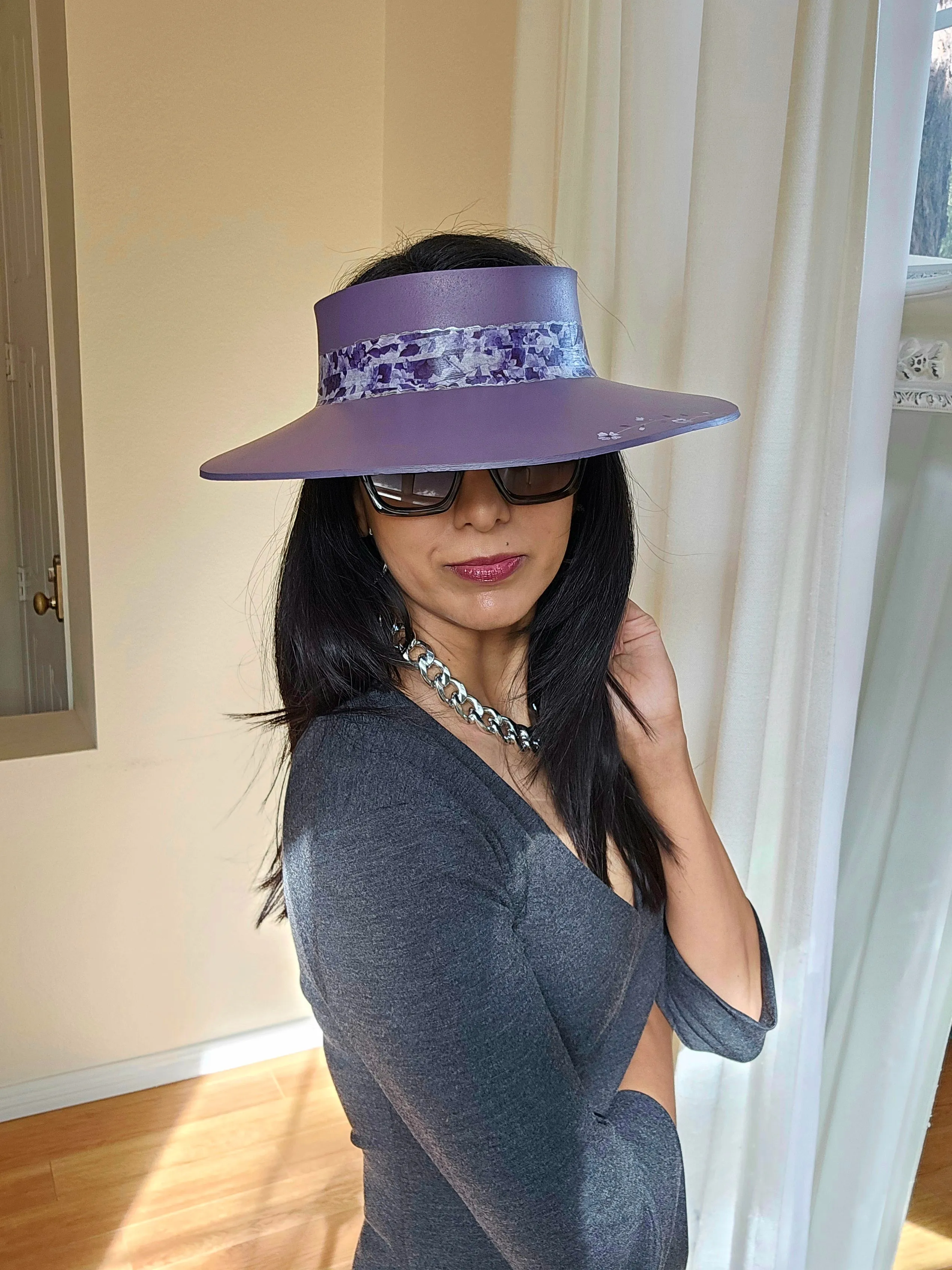 Purple LadyEVA Visor Hat with Dark Purple Floral Band and Handpainted Floral Motif