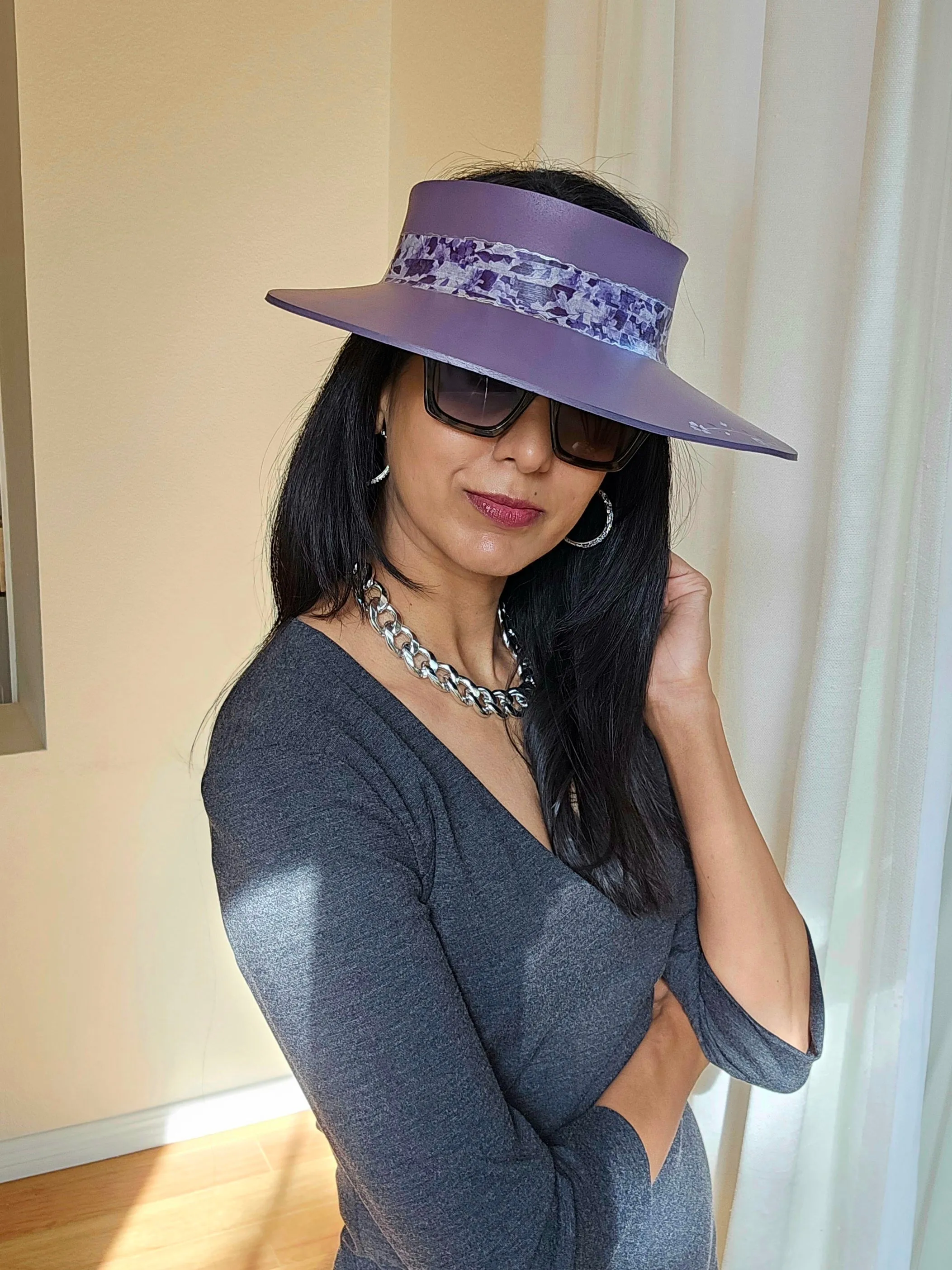 Purple LadyEVA Visor Hat with Dark Purple Floral Band and Handpainted Floral Motif