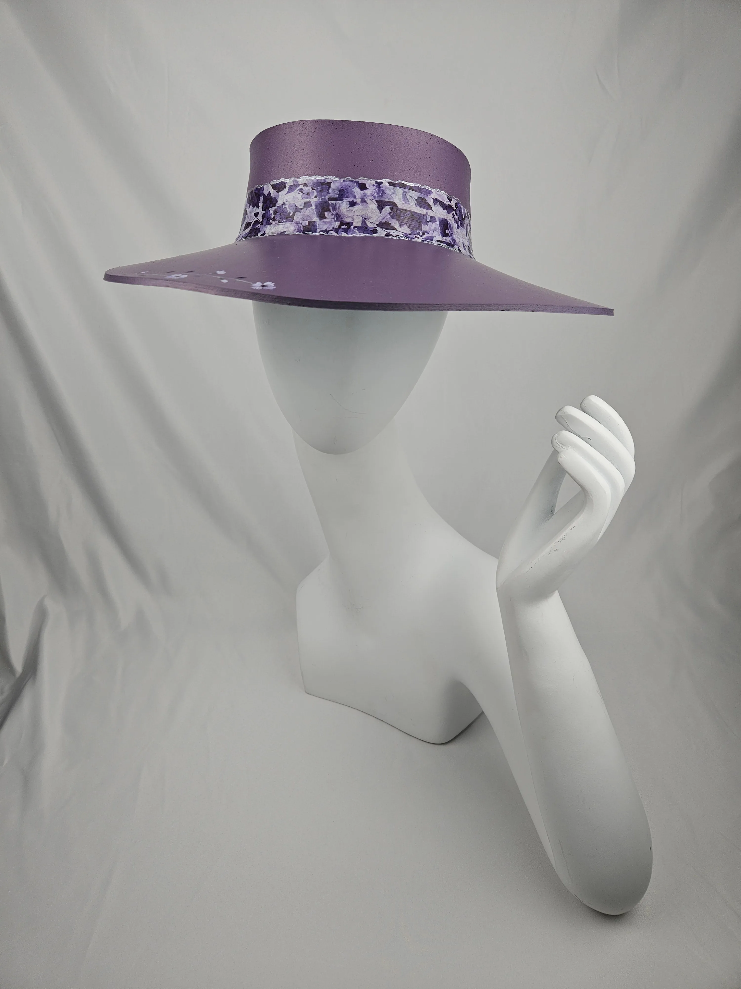 Purple LadyEVA Visor Hat with Dark Purple Floral Band and Handpainted Floral Motif