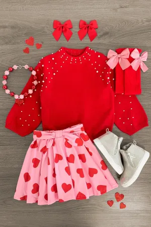 Red Pearl Sweater Hearts Skirt Set