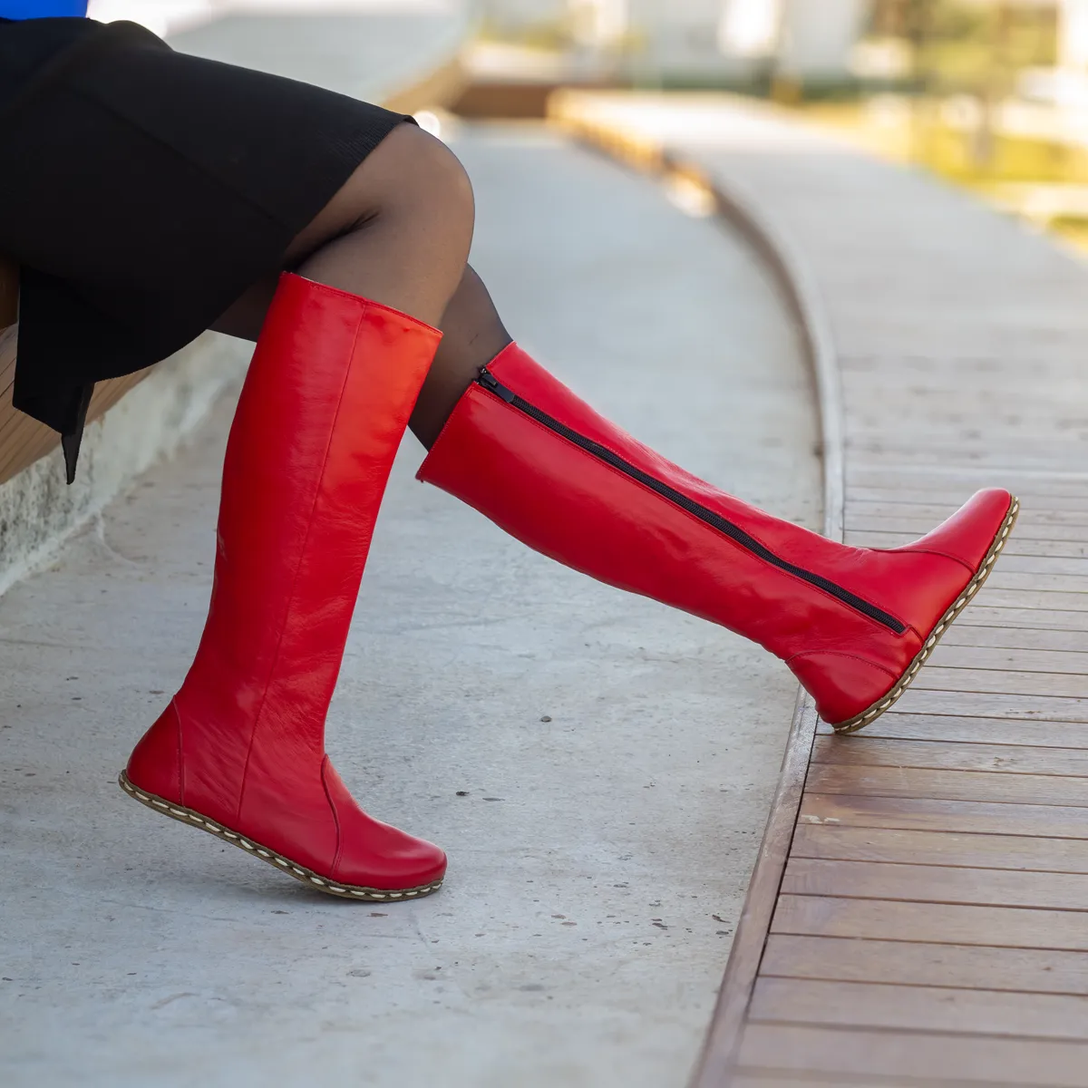 Red Women's Leather Barefoot Earthing Long Boots